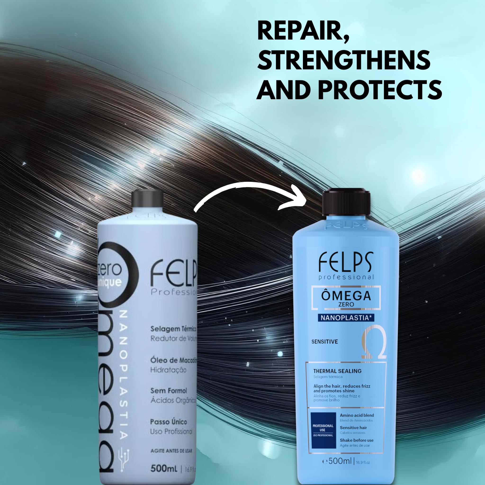 Felps Omega Sensitive hair after treatment reveals sleek, frizz-free results