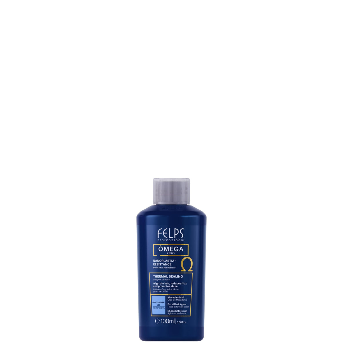 Felps Professional Omega Zero Resistance Nanoplastia bottle close-up for frizz control.