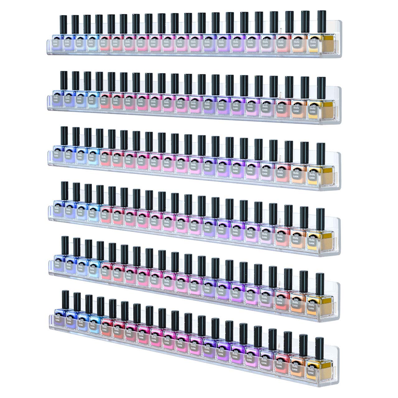 FEMELI 24 inch nail polish wall rack with six shelves enables organized color display.