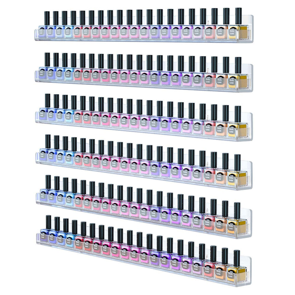 FEMELI 24 inch nail polish wall rack with six shelves enables organized color display.