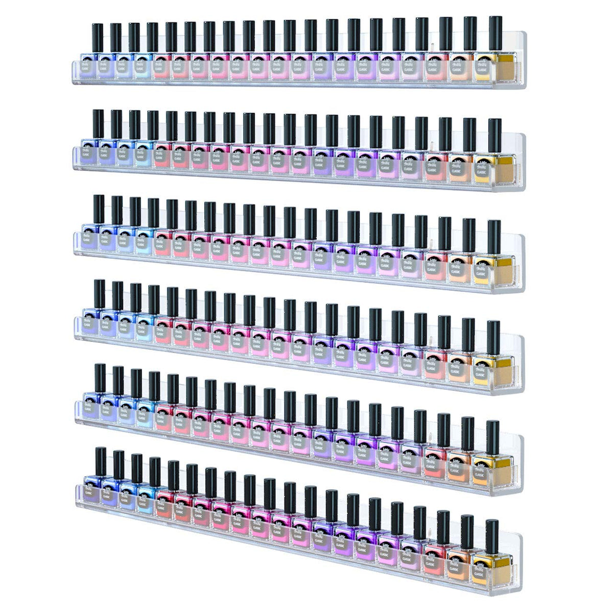 FEMELI 24 inch nail polish wall rack with six shelves enables organized color display.