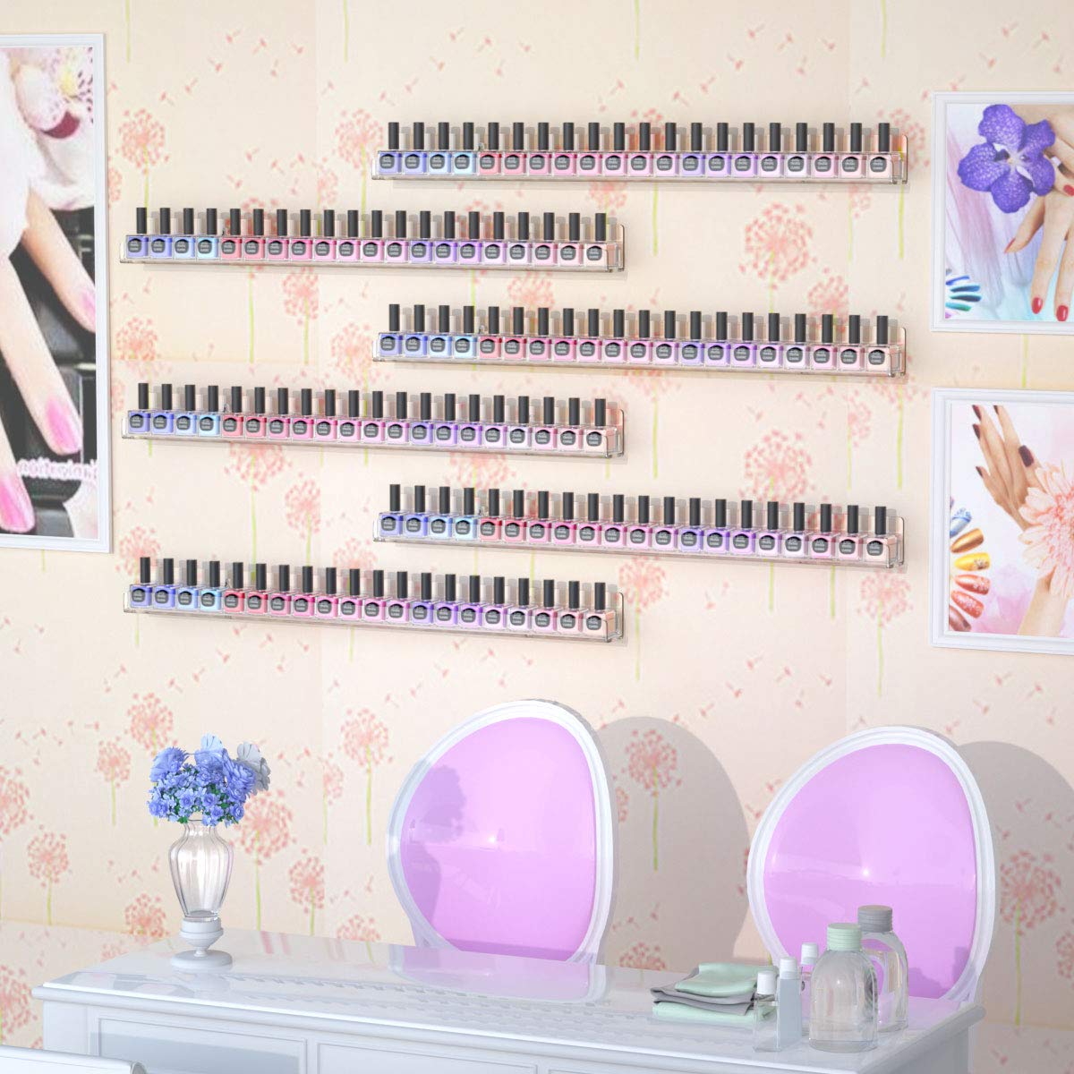 FEMELI end caps on nail polish rack prevent bottles from falling during storage.