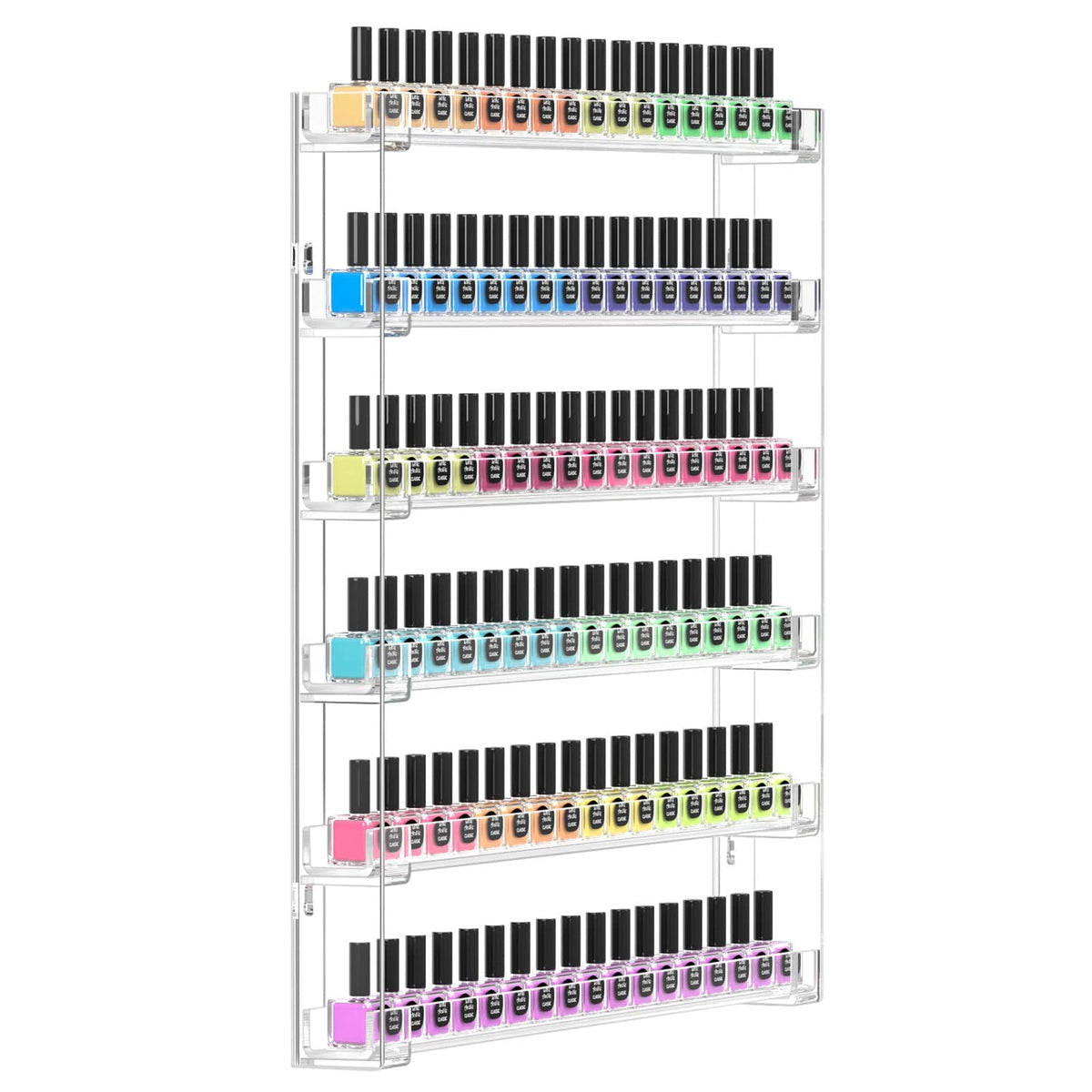 FEMELI nail polish wall rack front view shows clear acrylic shelves for organized display.