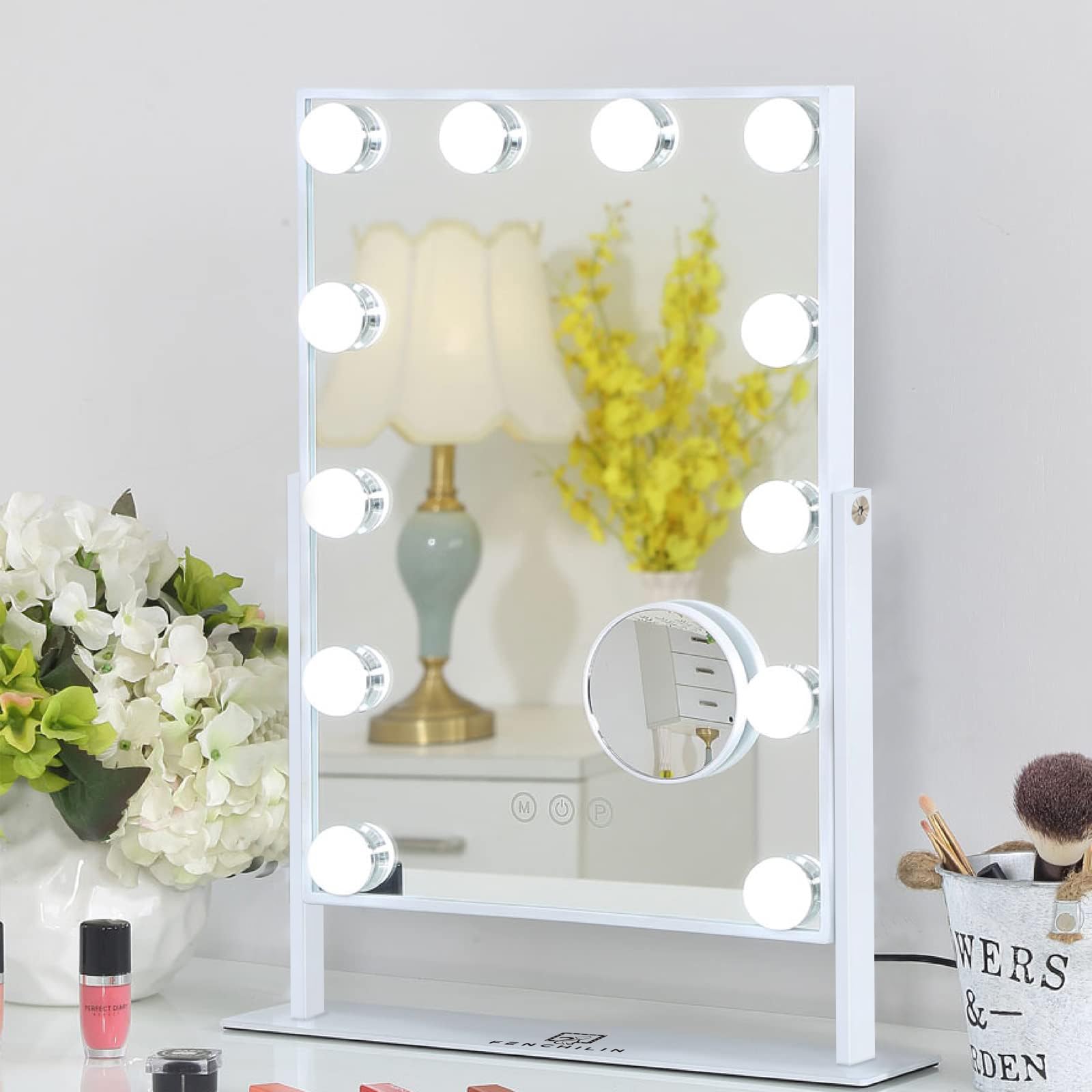 FENCHILIN lighted makeup mirror on desk with bright LEDs for flawless daytime routine