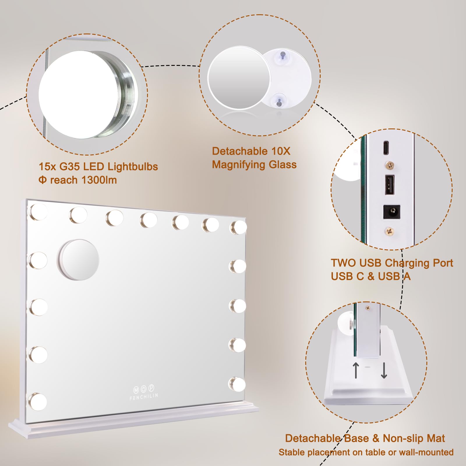 FENCHILIN vanity mirror detachable base and wall-hanging options increase setup flexibility