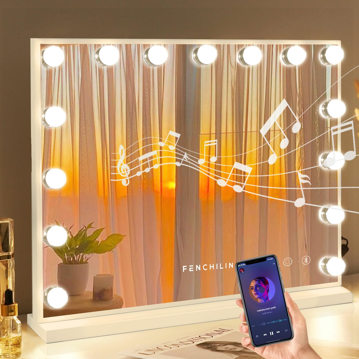FENCHILIN vanity mirror front view with bright LEDs for precise makeup application