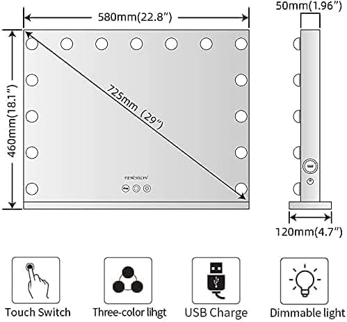 FENCHILIN vanity mirror side view showing Type-C and USB ports for charging