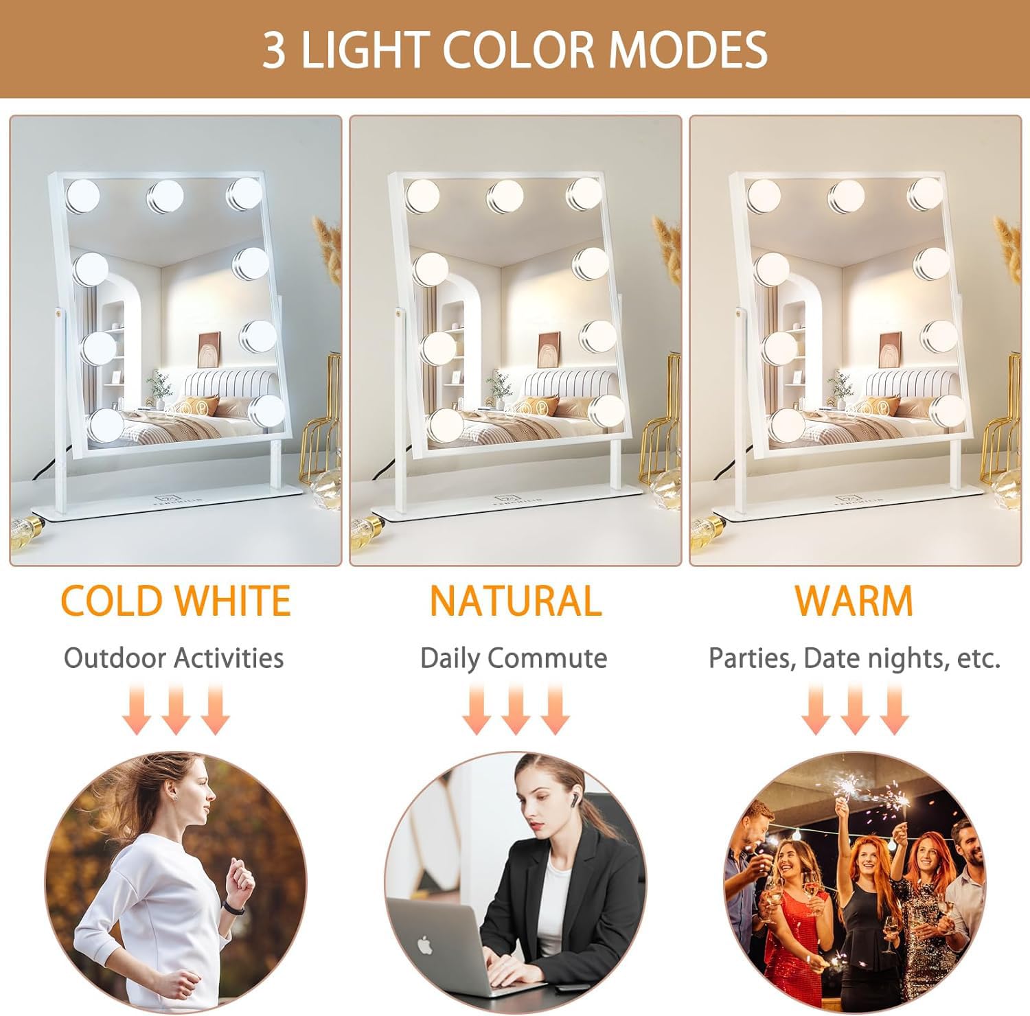 FENCHILIN vanity mirror with lights brightness settings demonstrate warm, daylight, and cool options.