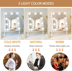 FENCHILIN vanity mirror with lights brightness settings demonstrate warm, daylight, and cool options.