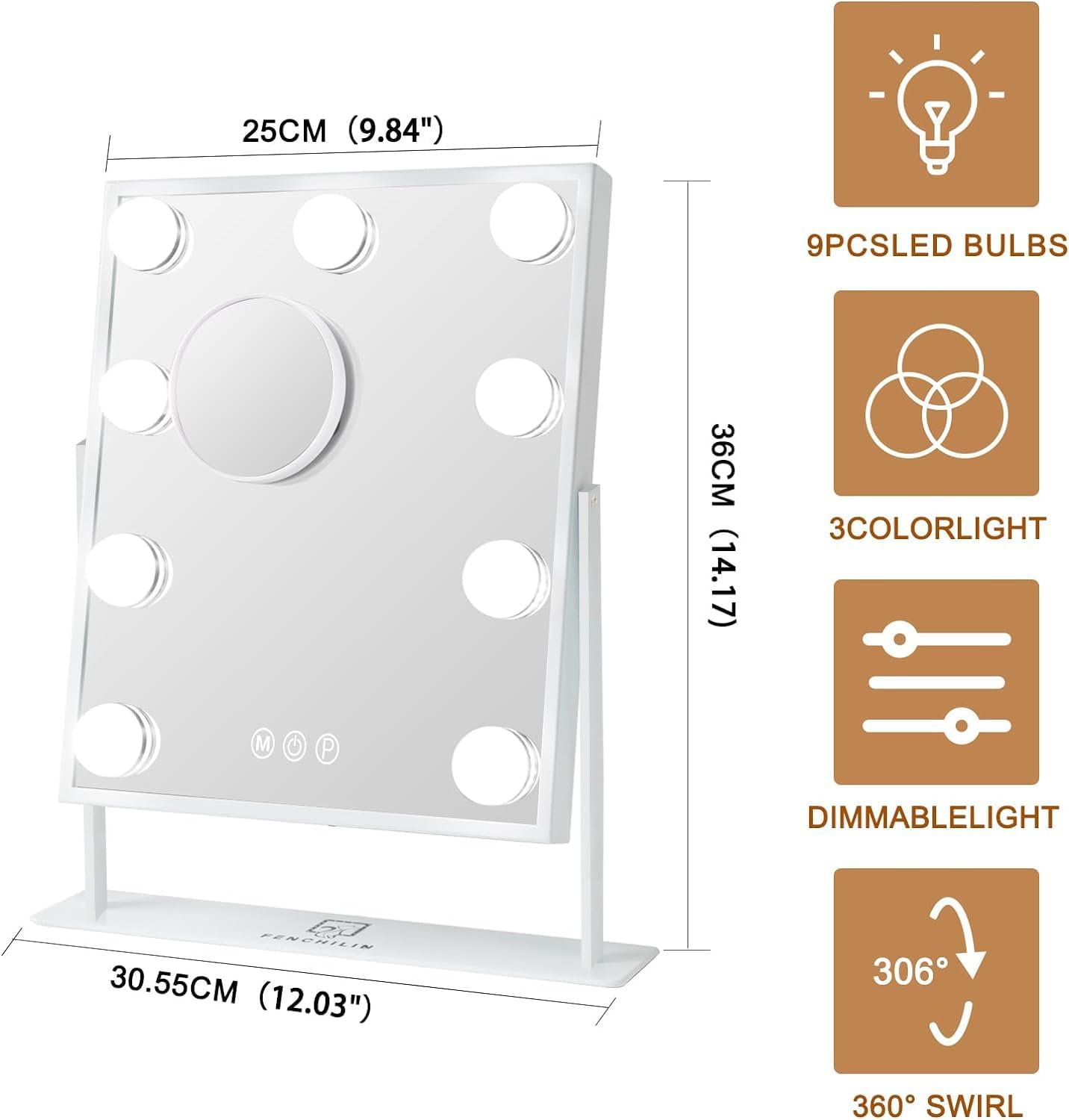 FENCHILIN vanity mirror with lights side view highlights adjustable brightness for day-to-night routines.