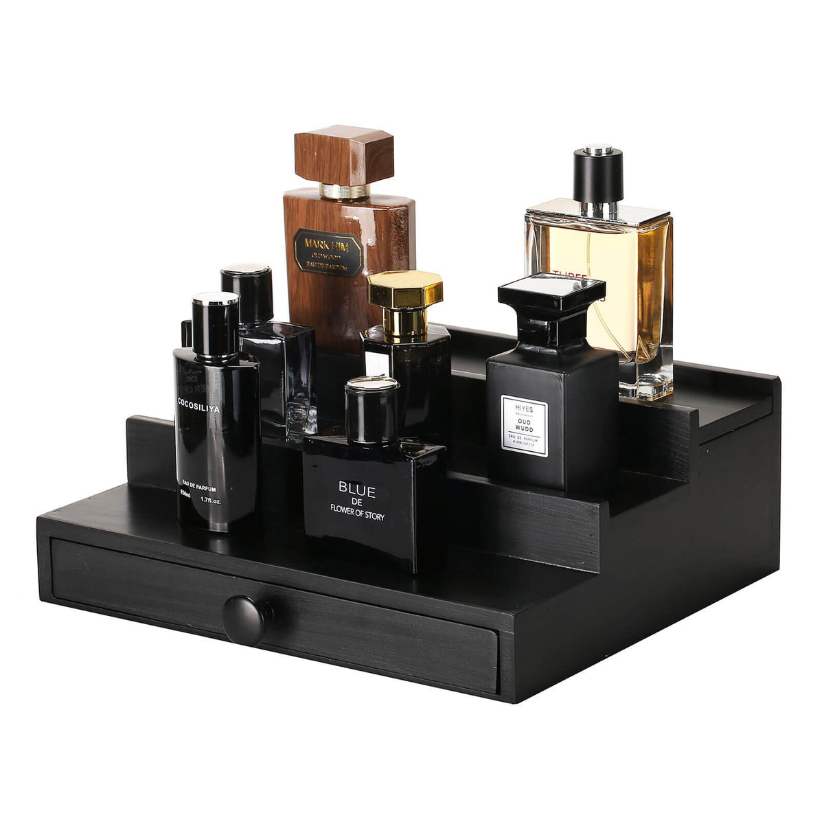 Fengligoo black wooden cologne organizer stand with sleek finish for easy dresser display.