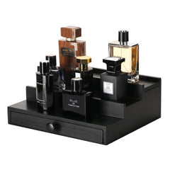 Fengligoo black wooden cologne organizer stand with sleek finish for easy dresser display.