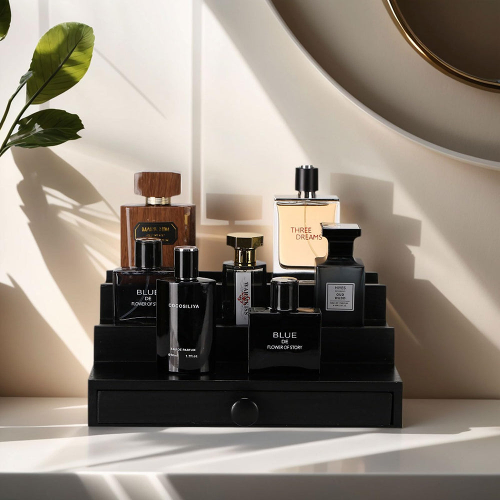 Fengligoo three-tier display tray keeps fragrances organized and within easy reach.