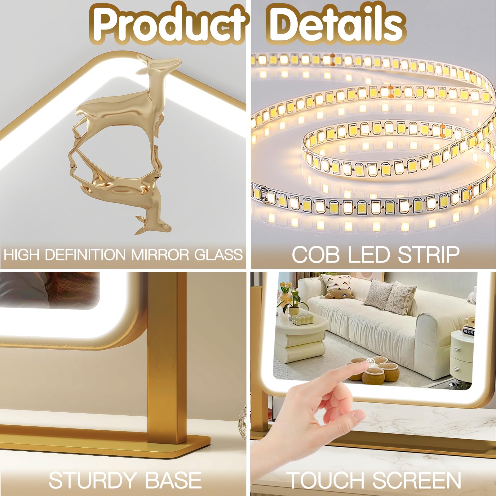 FENNIO gold-frame vanity mirror with durable aluminum construction