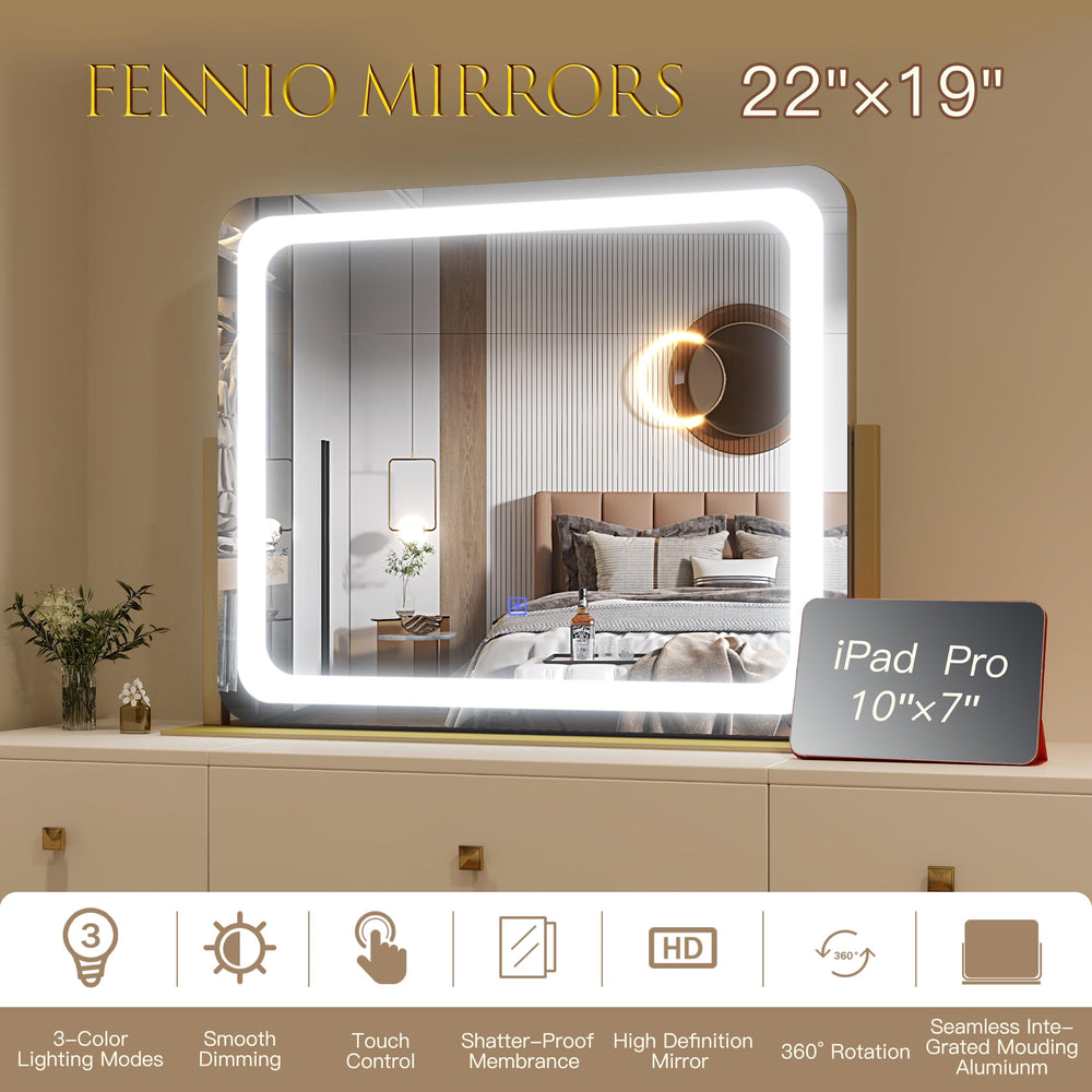 FENNIO Gold Vanity Mirror dimmable brightness enables tailored makeup lighting.