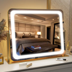 FENNIO Gold Vanity Mirror front view with adjustable LED lighting for makeup prep.