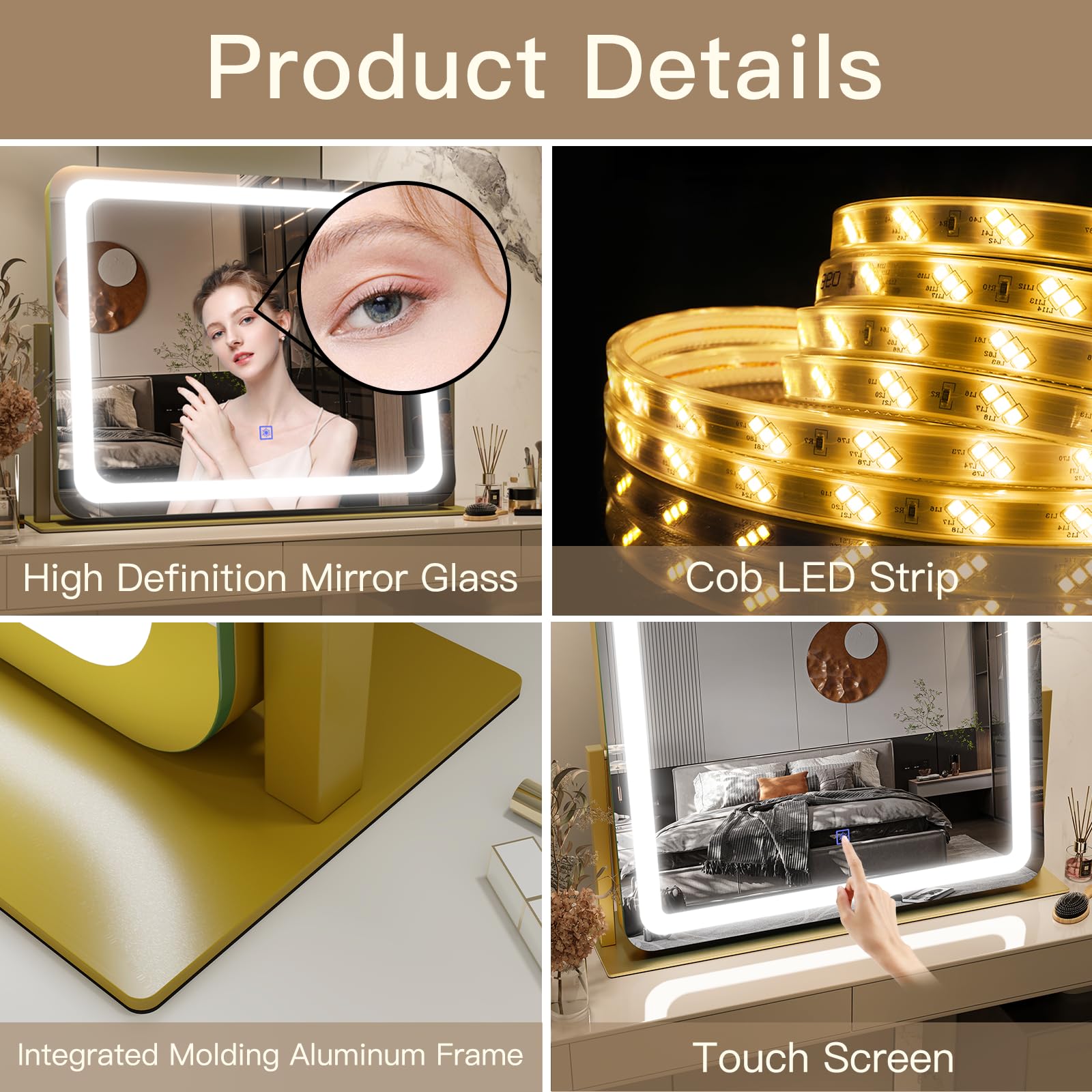 FENNIO Gold Vanity Mirror sturdy aluminum frame for long-term vanity use.