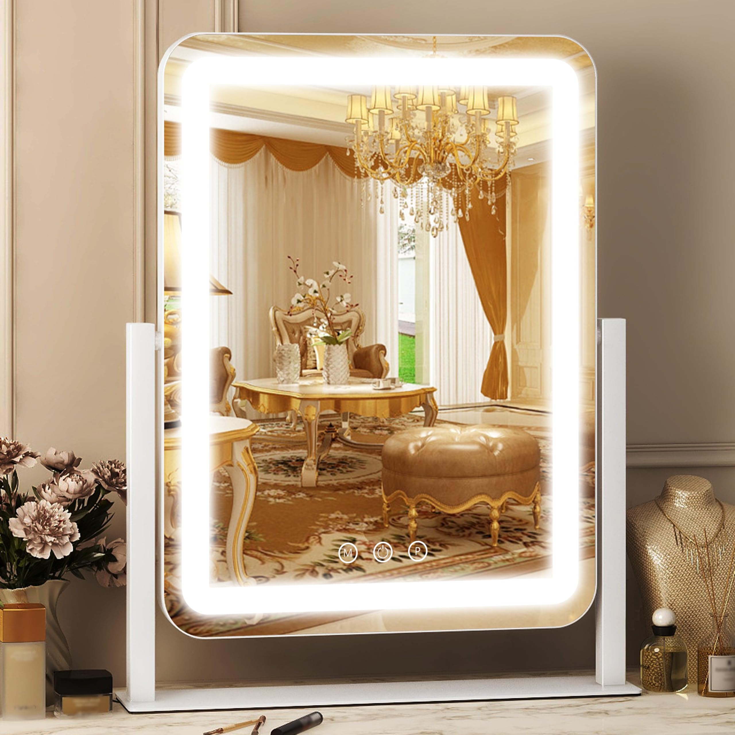 FENNIO makeup mirror with lights showing three color modes for accurate makeup prep