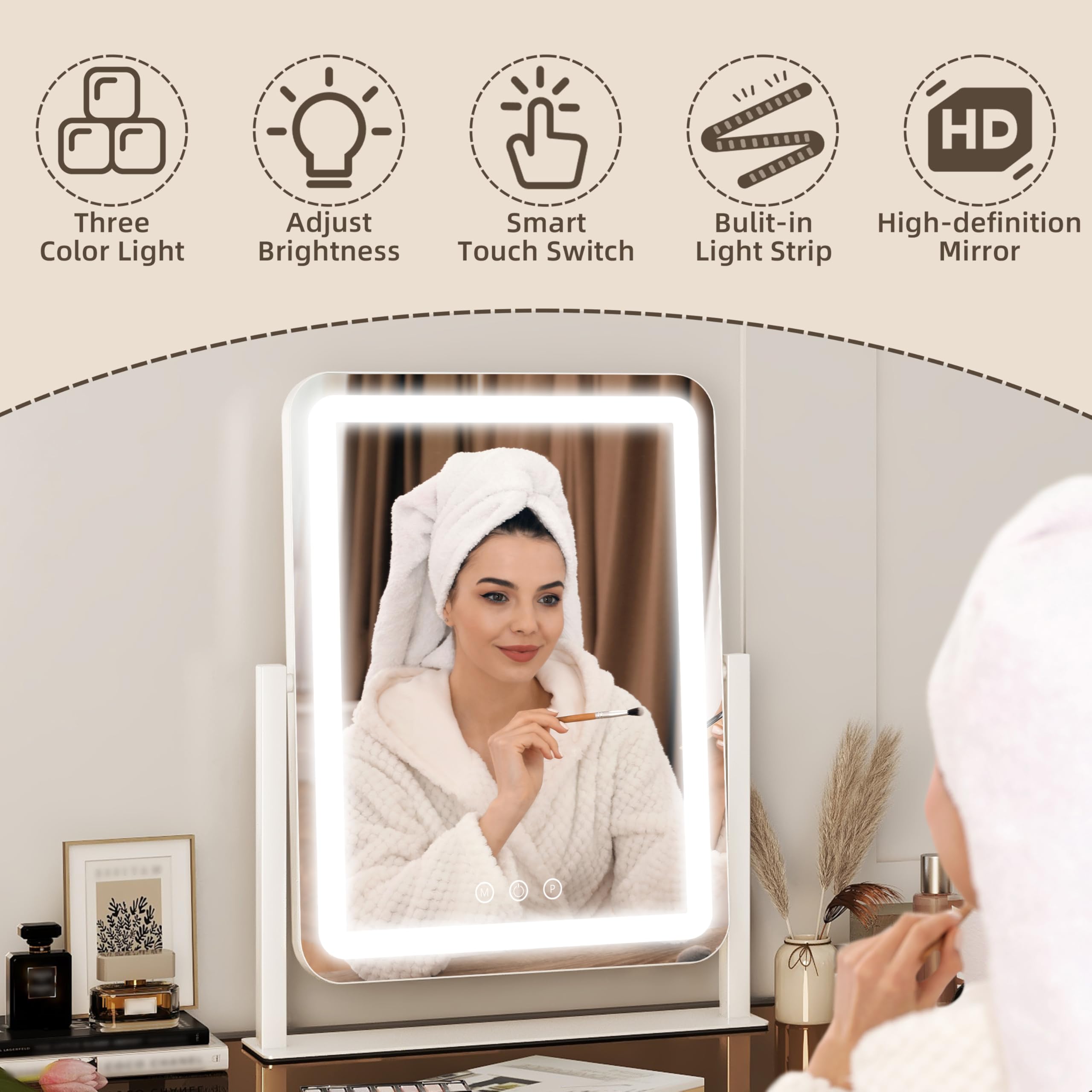 FENNIO makeup mirror smart touch controls adjust brightness and color