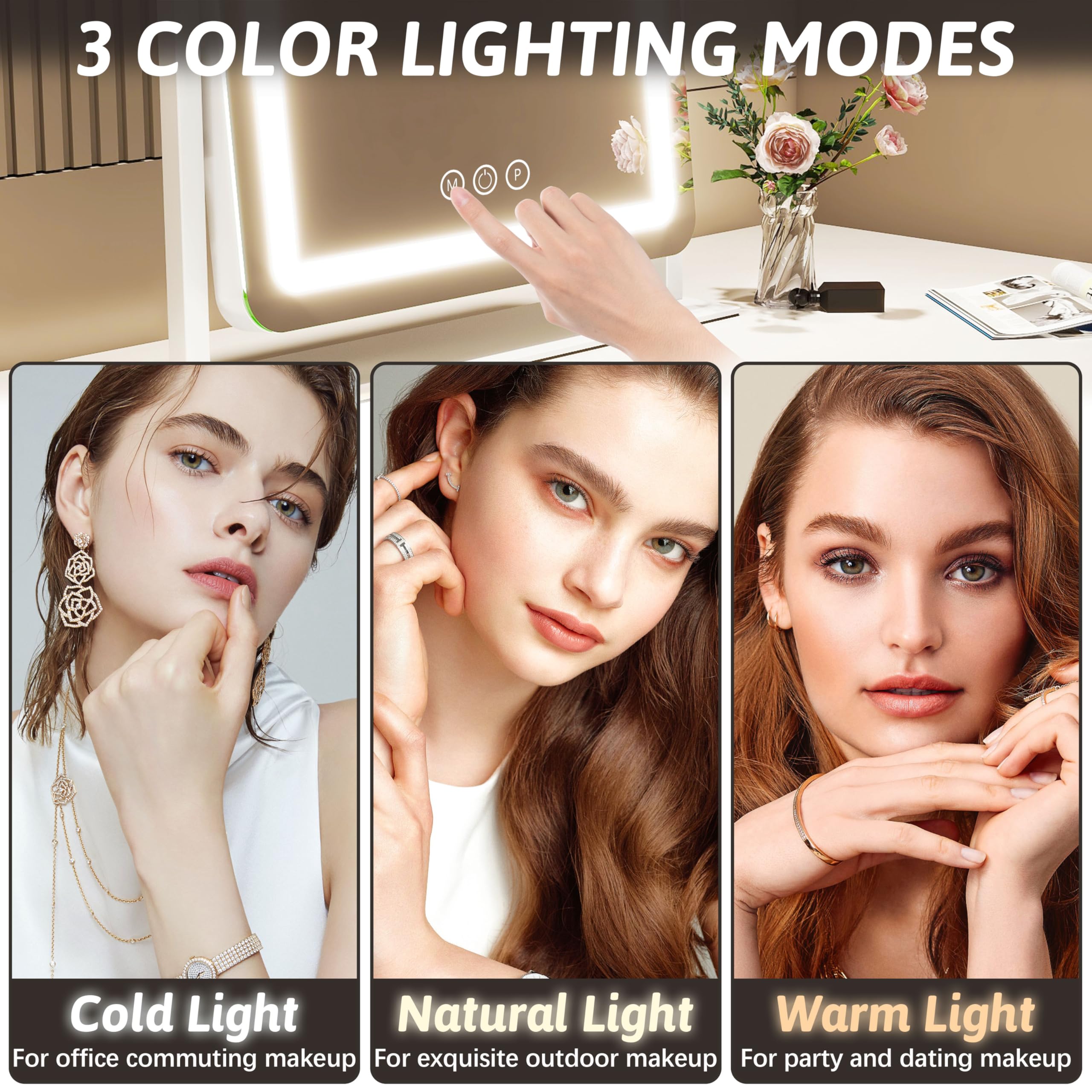 FENNIO vanity mirror features smart touch controls for quick brightness and color adjustments