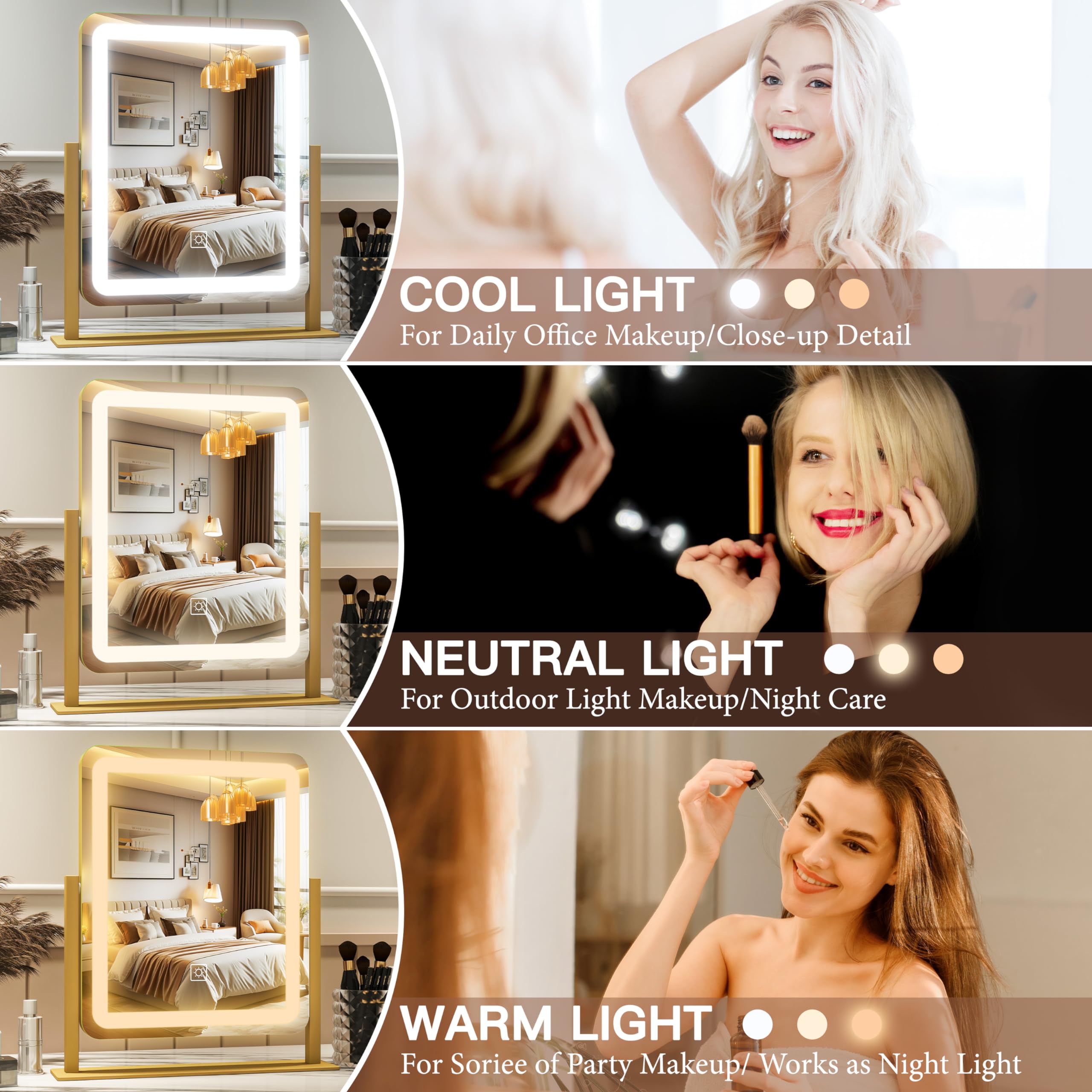 FENNIO vanity mirror 3 color lighting cool warm natural tones for tasks