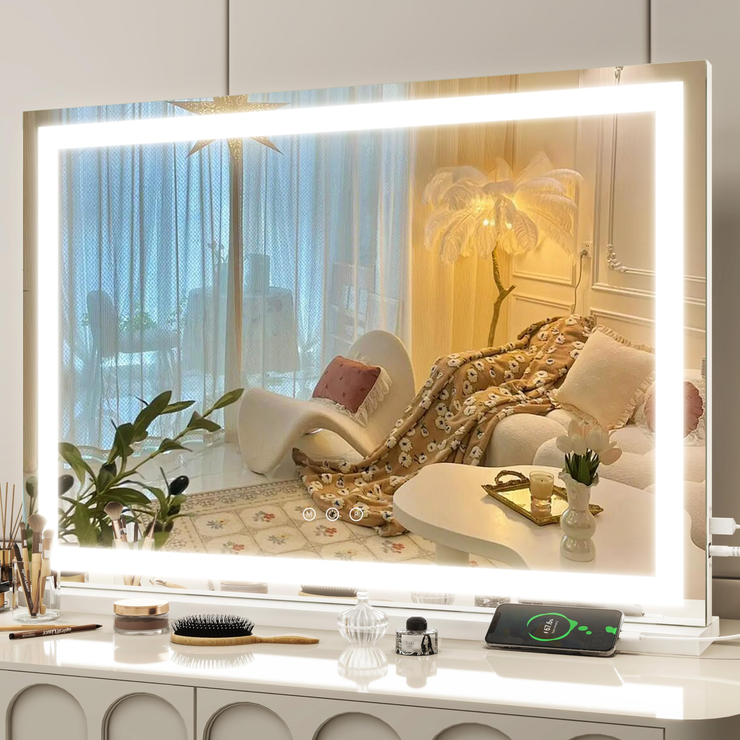 FENNIO vanity mirror 32x22 frame provides expansive grooming view.