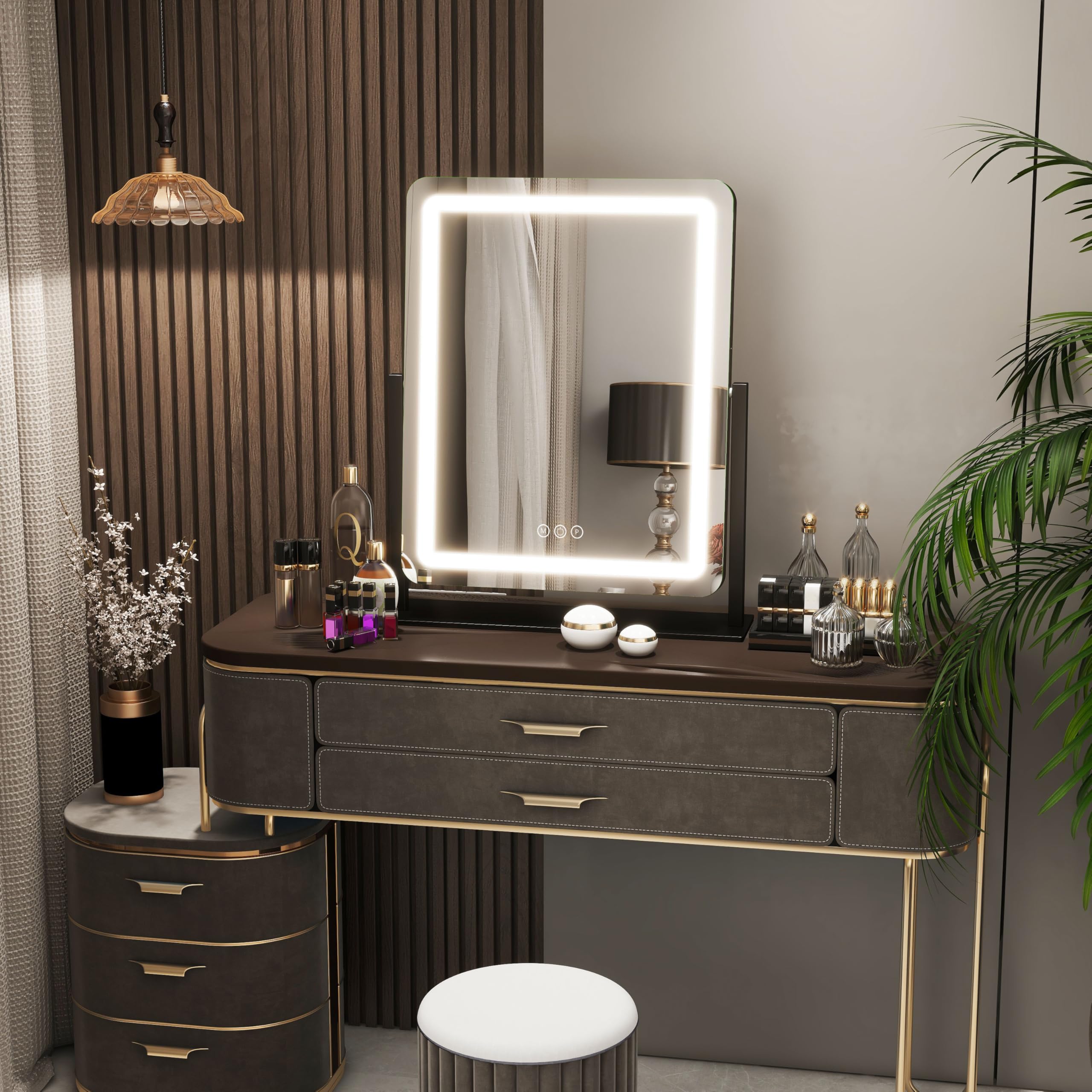 FENNIO vanity mirror in a bedroom scene enhances morning routine ambiance.