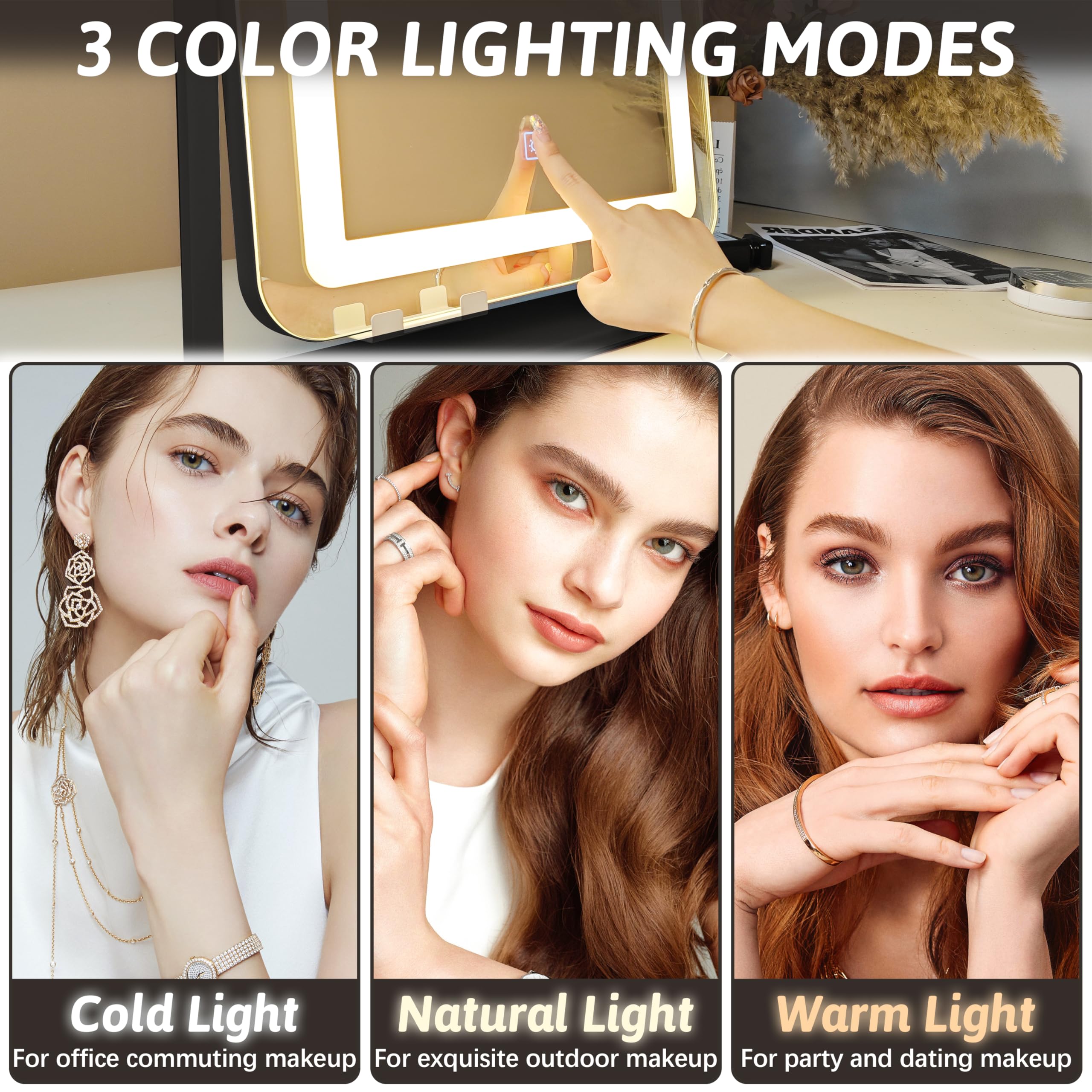 FENNIO vanity mirror brightness adjustment highlights customizable illumination levels.