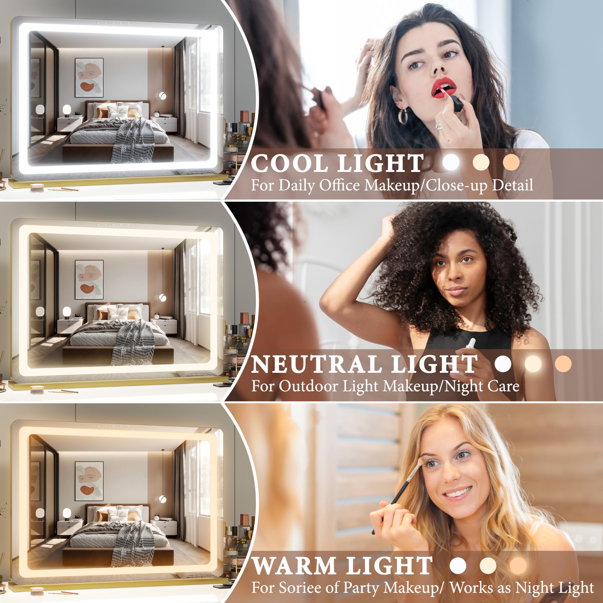 FENNIO vanity mirror brightness modes allowing precise lighting for skincare and makeup