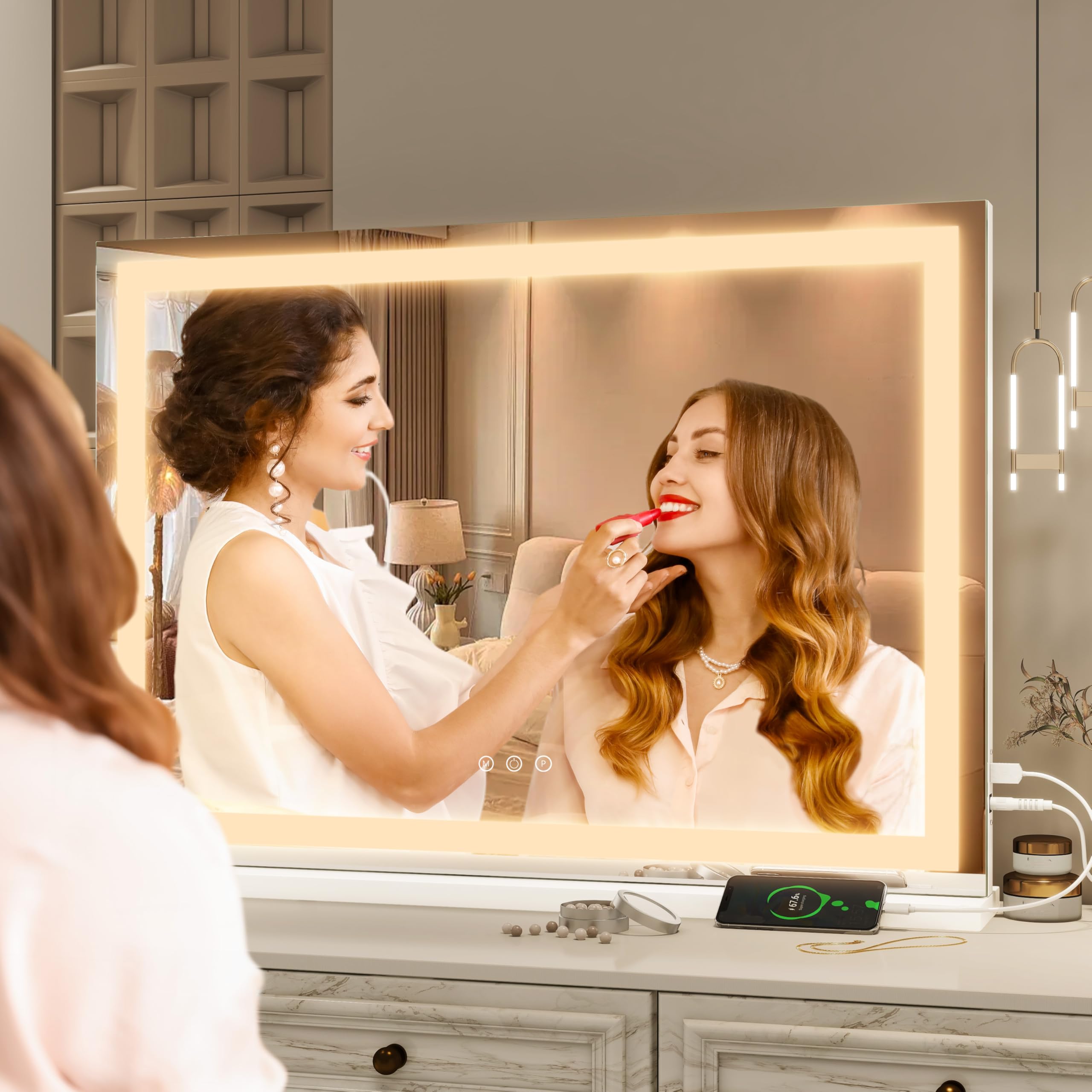 FENNIO vanity mirror desk setup demonstrates large, clear reflection for grooming.