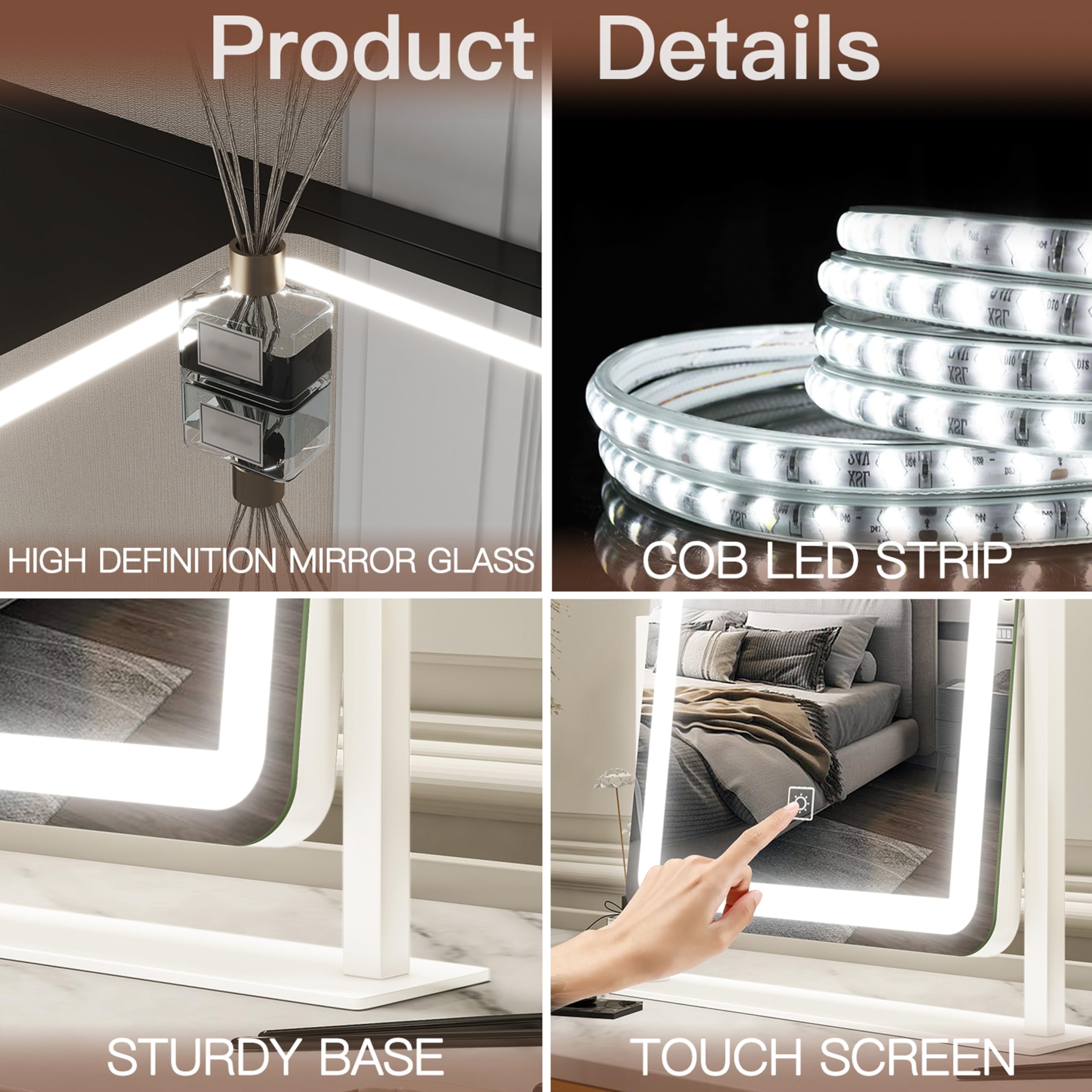 FENNIO vanity mirror desk setup image shows ideal vanity or bedside table companion