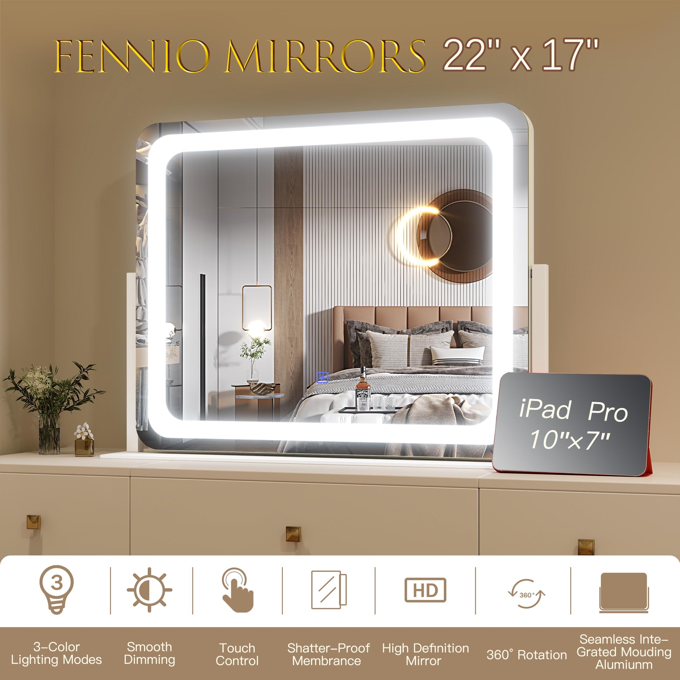 FENNIO vanity mirror dressing-room setup demonstrates versatile tabletop placement