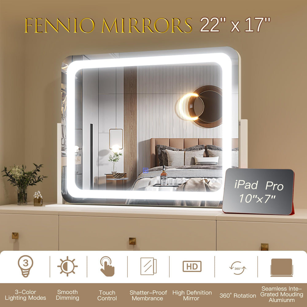 FENNIO vanity mirror dressing-room setup demonstrates versatile tabletop placement