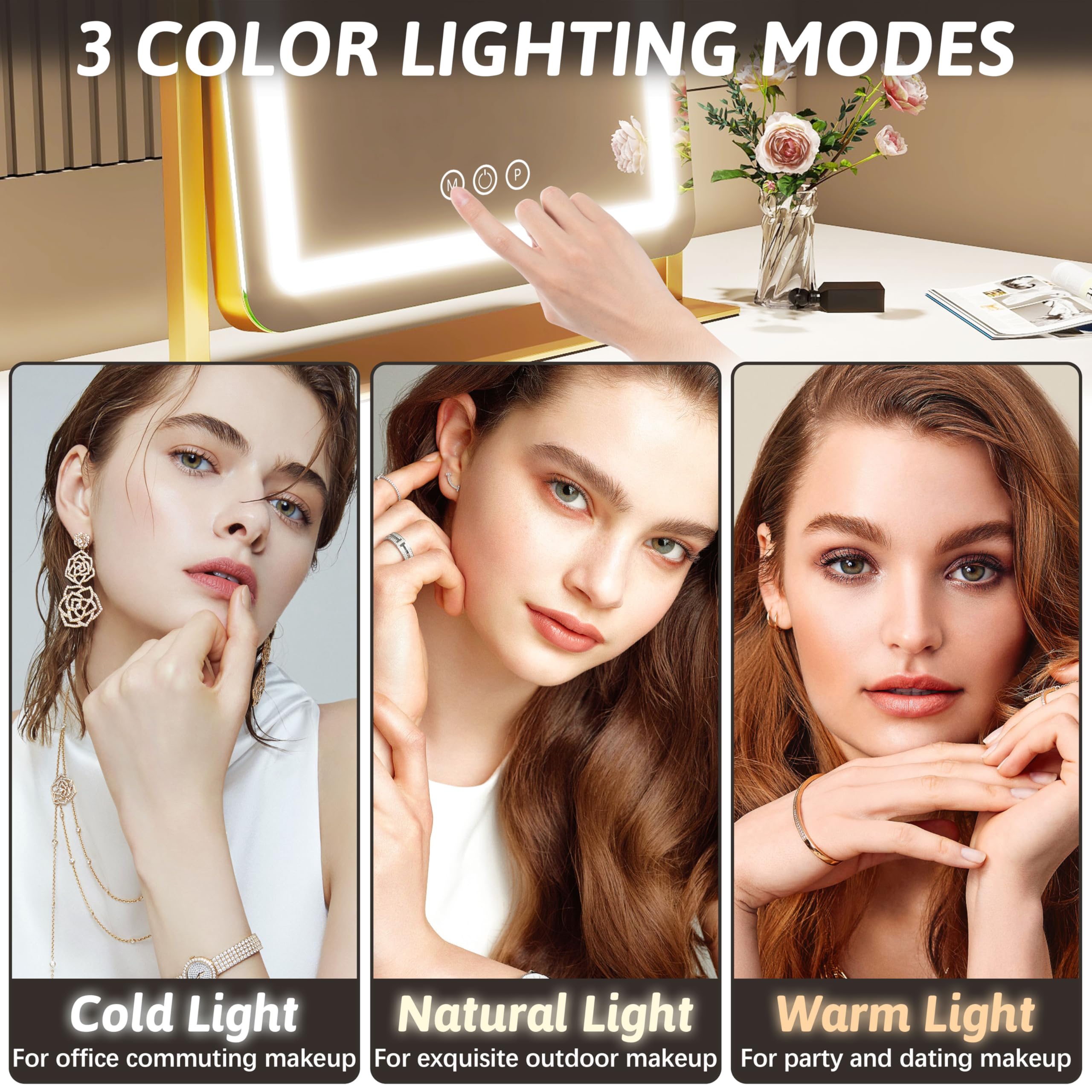 FENNIO vanity mirror LED glow closeup demonstrating soft lighting for evening makeup