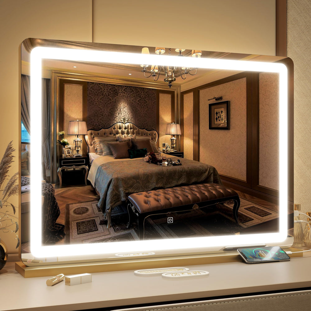 FENNIO vanity mirror with lights in gold showing a 32 x 22 inch surface for makeup application