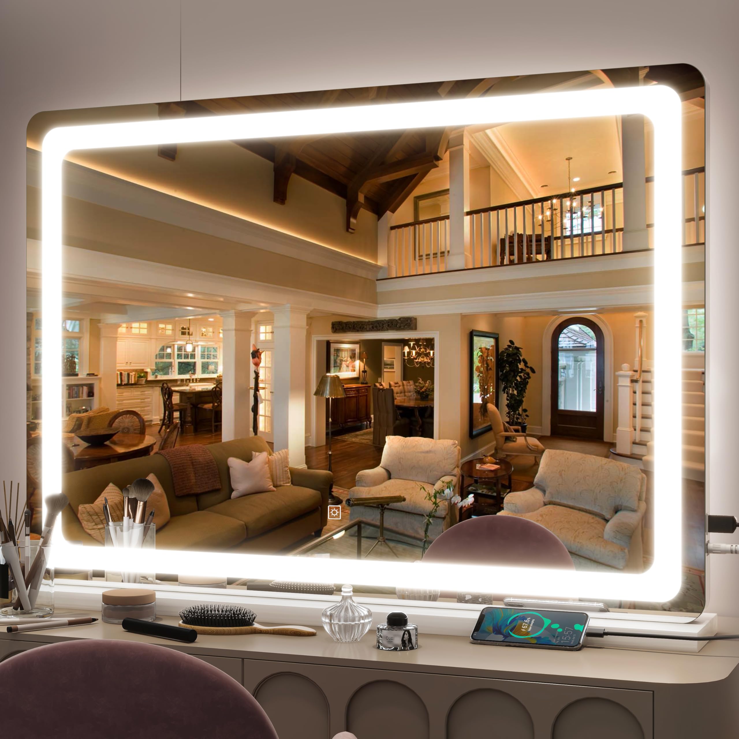 FENNIO vanity mirror lights 32x22 demonstrates bright, even makeup lighting.