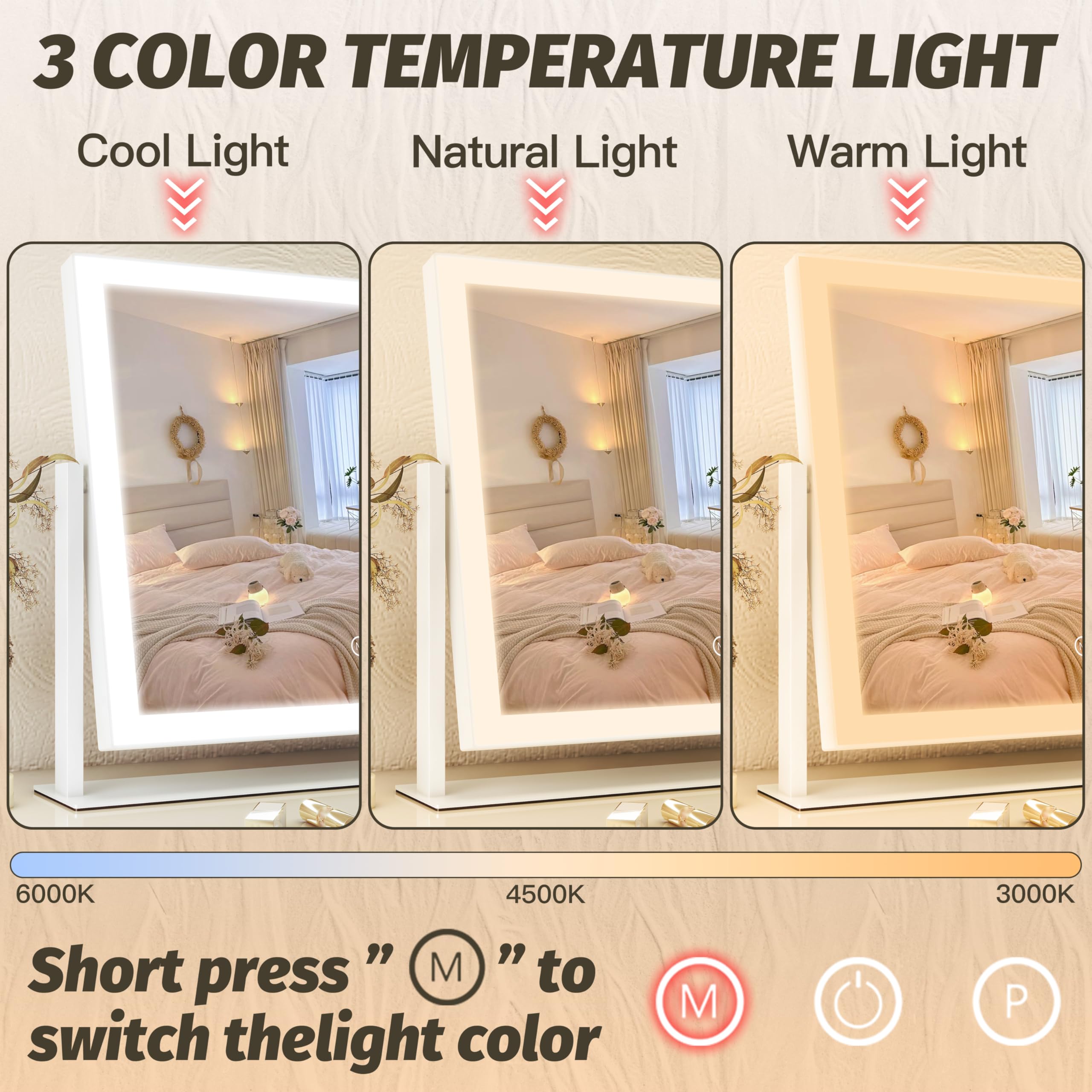 FENNIO Vanity Mirror with Lights 3-color modes showcasing cold, daylight, and warm lighting options