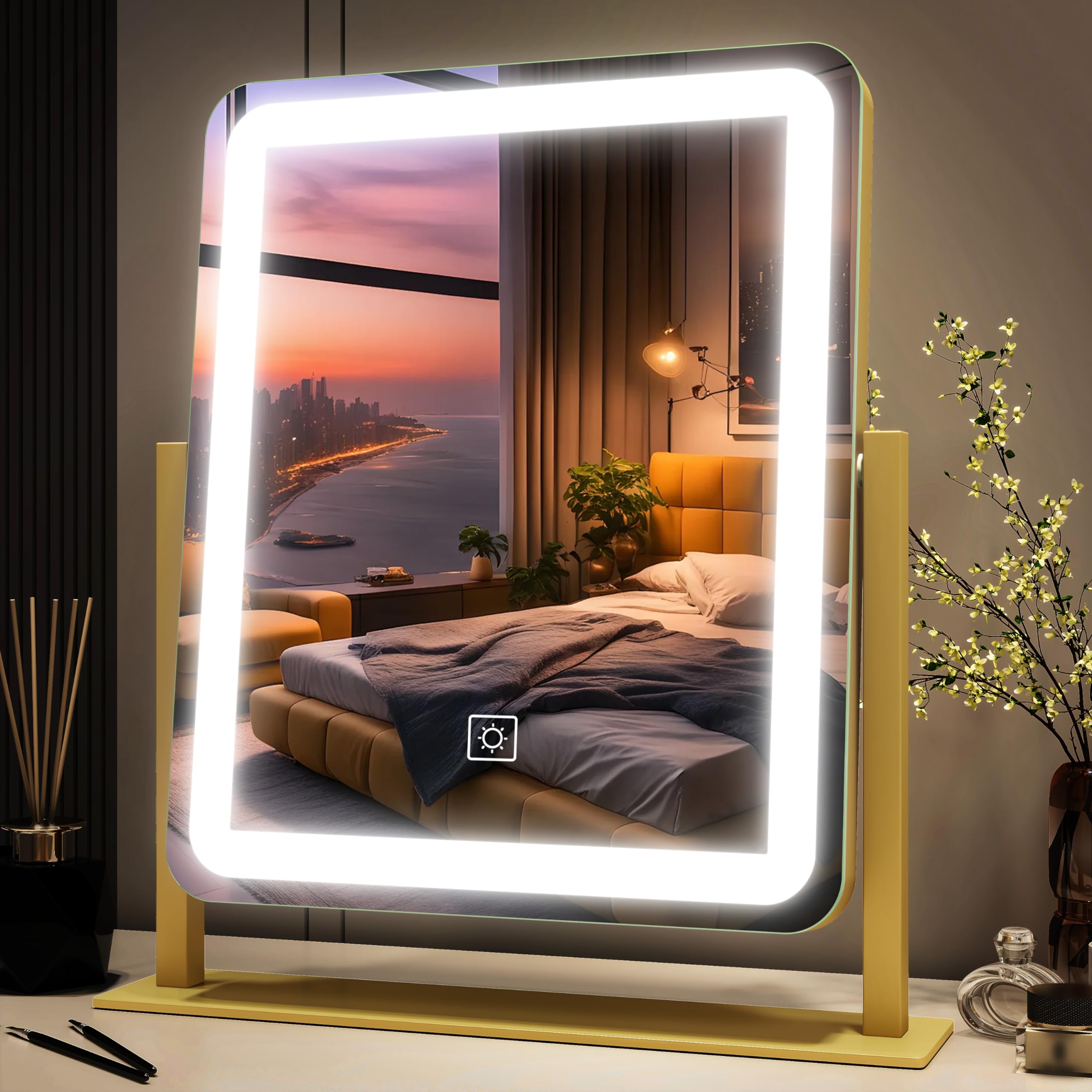 FENNIO vanity mirror with lights front view showing even illumination for makeup application