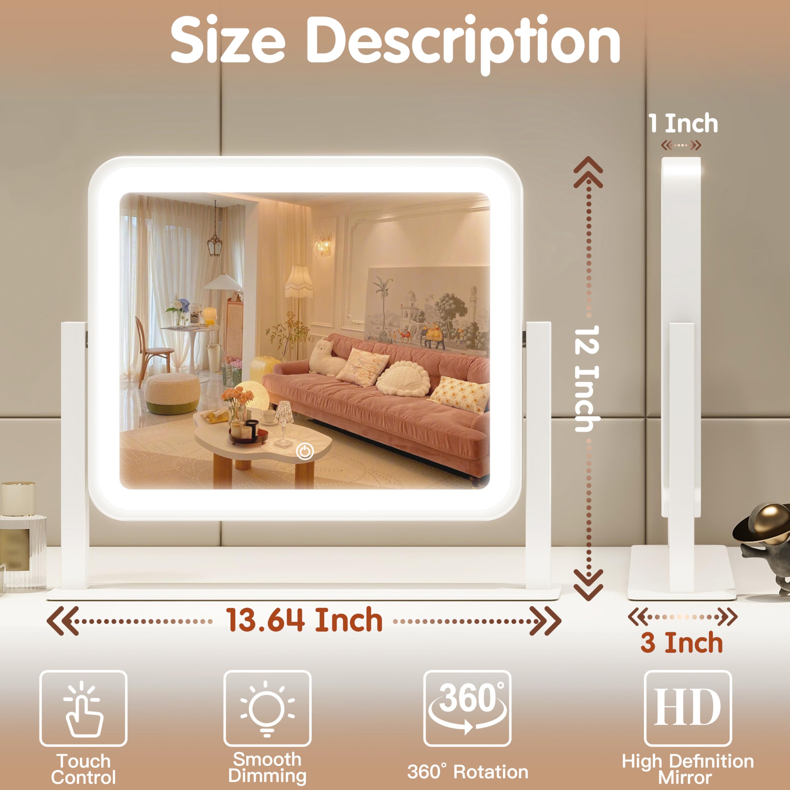 FENNIO vanity mirror lights side-angle tilt shows adjustable viewing angle for accuracy.