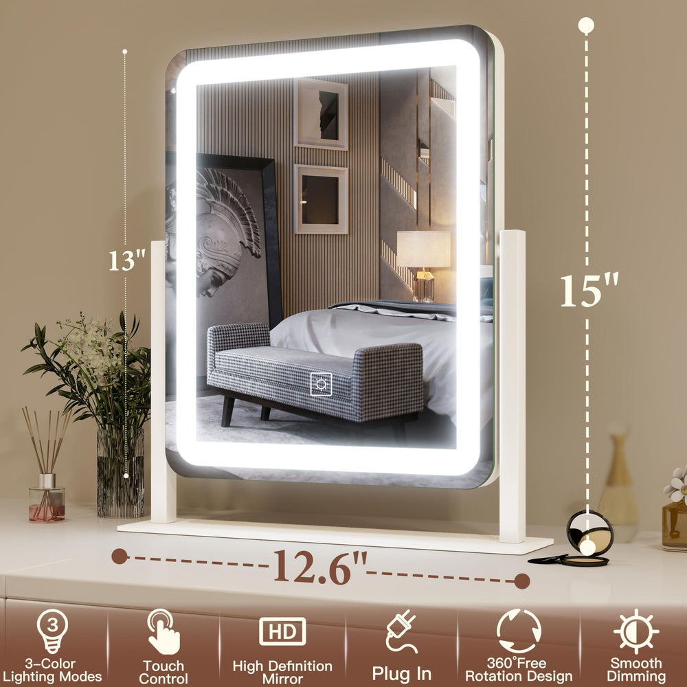 FENNIO vanity mirror side-angle emphasizes minimalist rounded frame and compact desk footprint