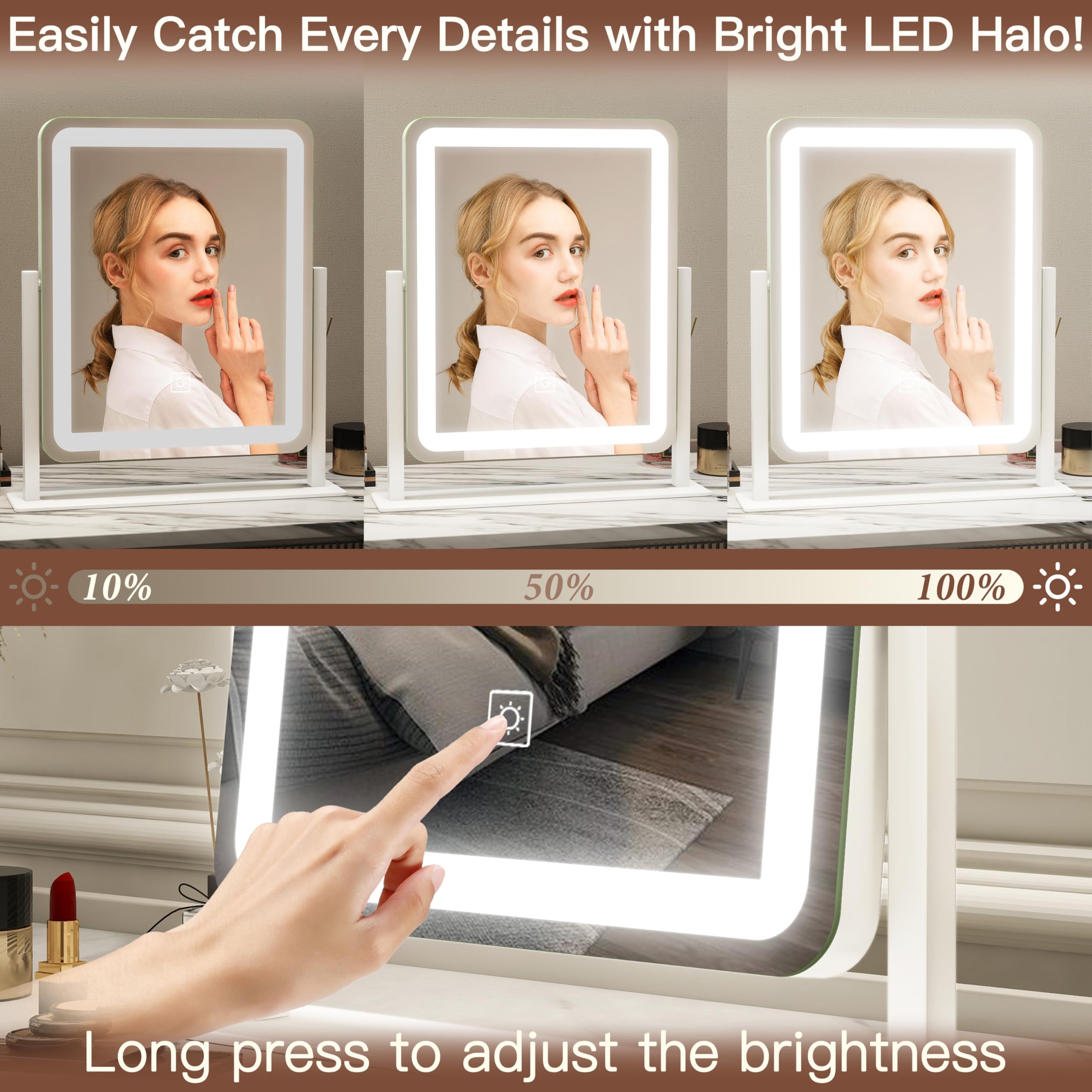 FENNIO vanity mirror tilt view demonstrates 360° rotation for versatile grooming angles