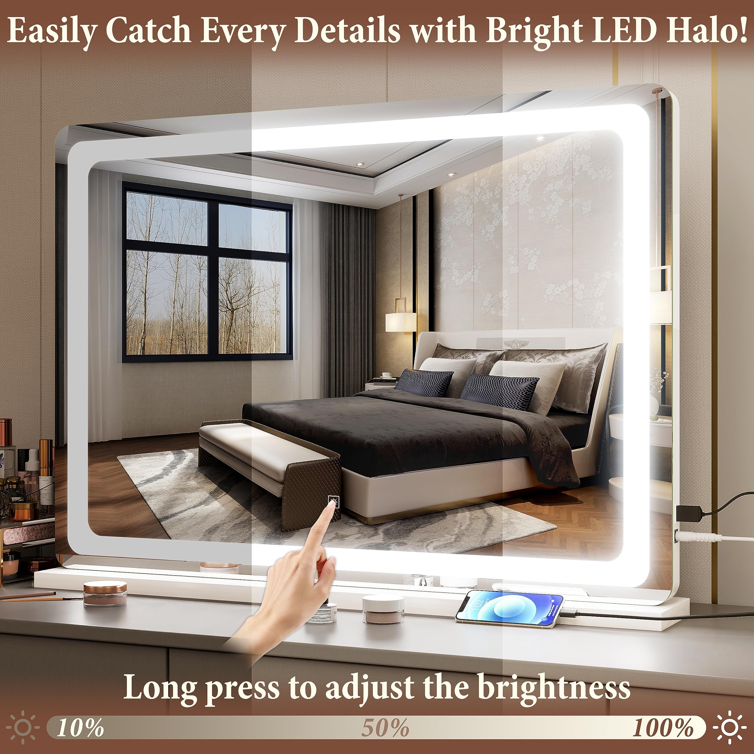 FENNIO vanity mirror smart touch panel for easy brightness control.