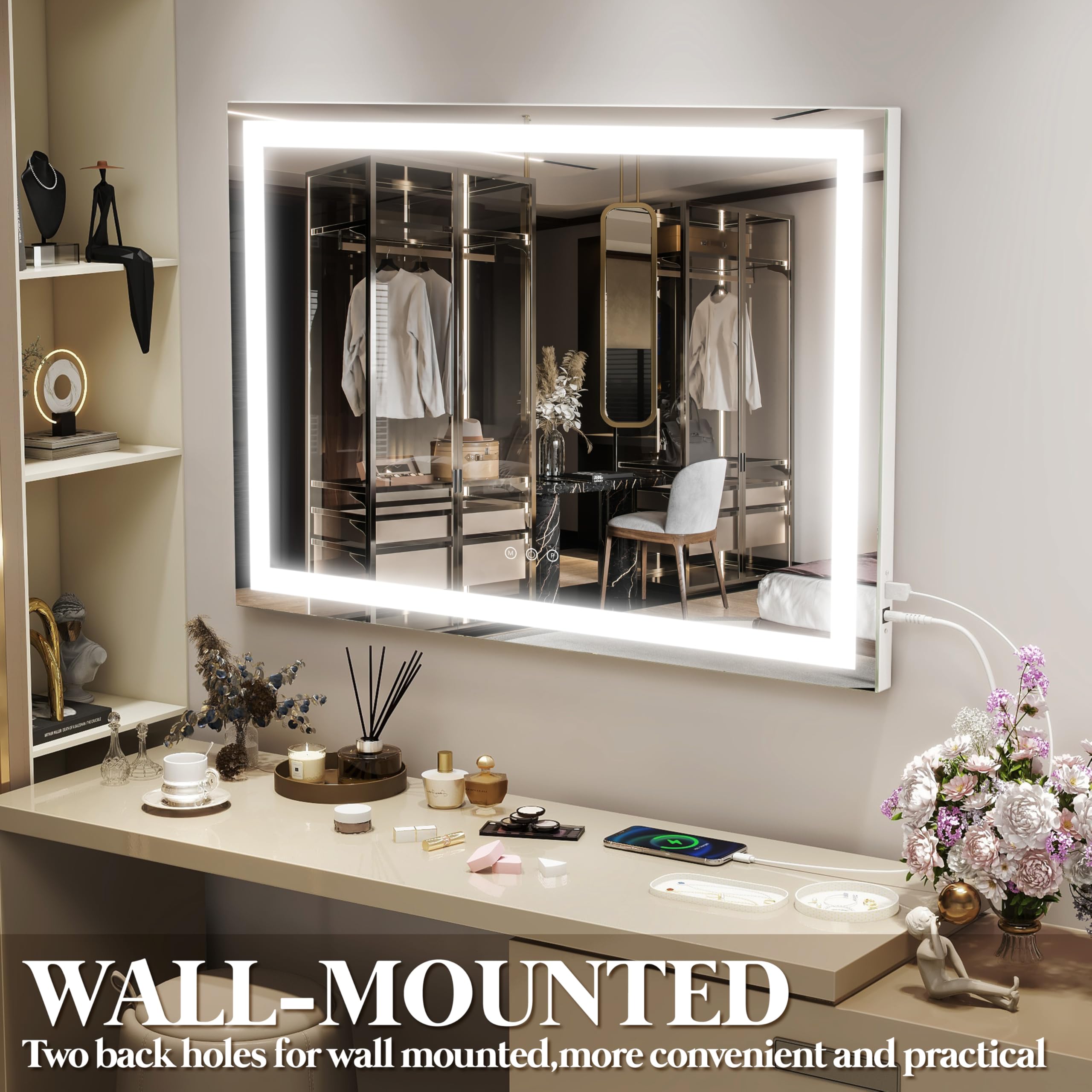 FENNIO vanity mirror USB port enables convenient device charging while getting ready.