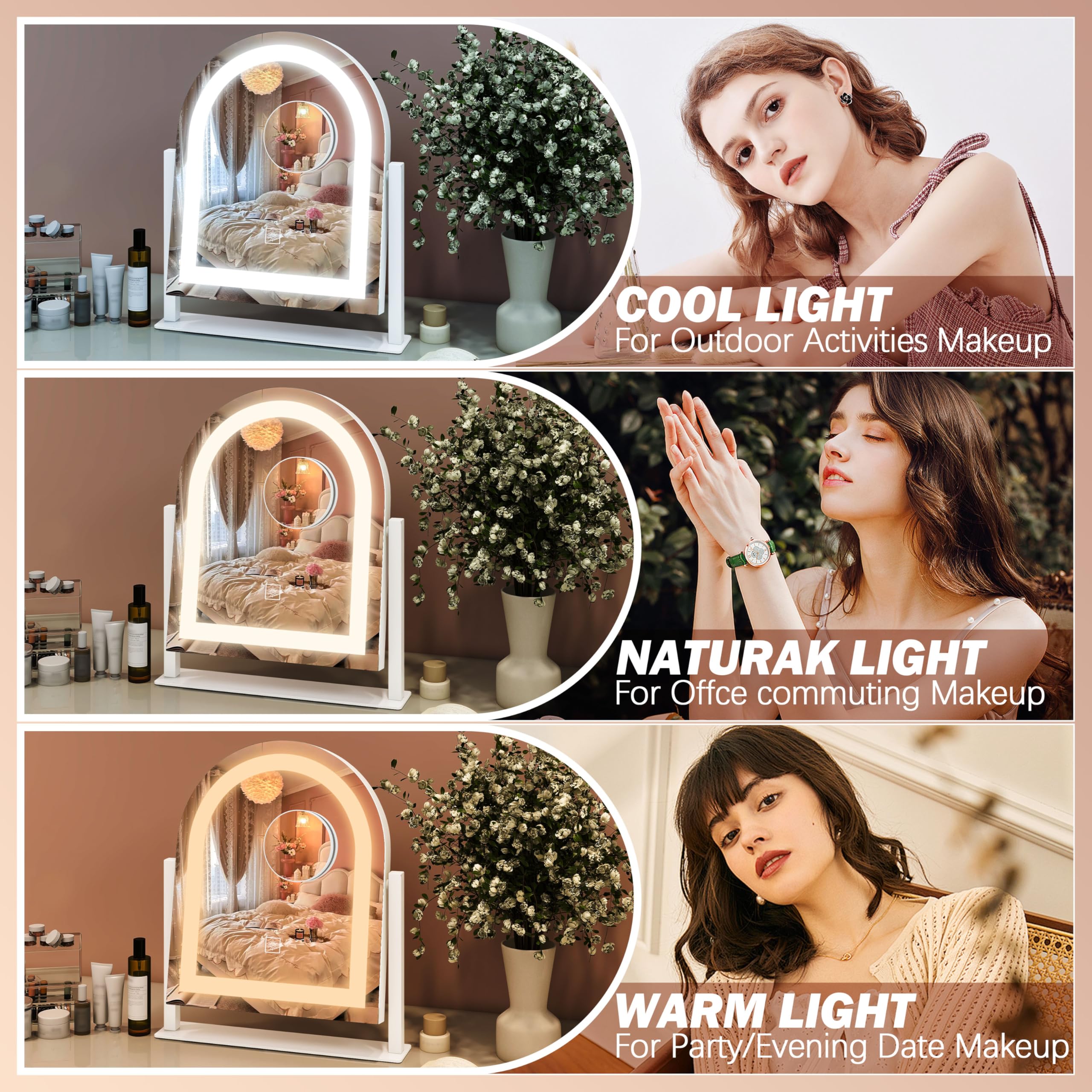 FENNIO vanity mirror with lights touch sensor closeup shows effortless brightness and color changes