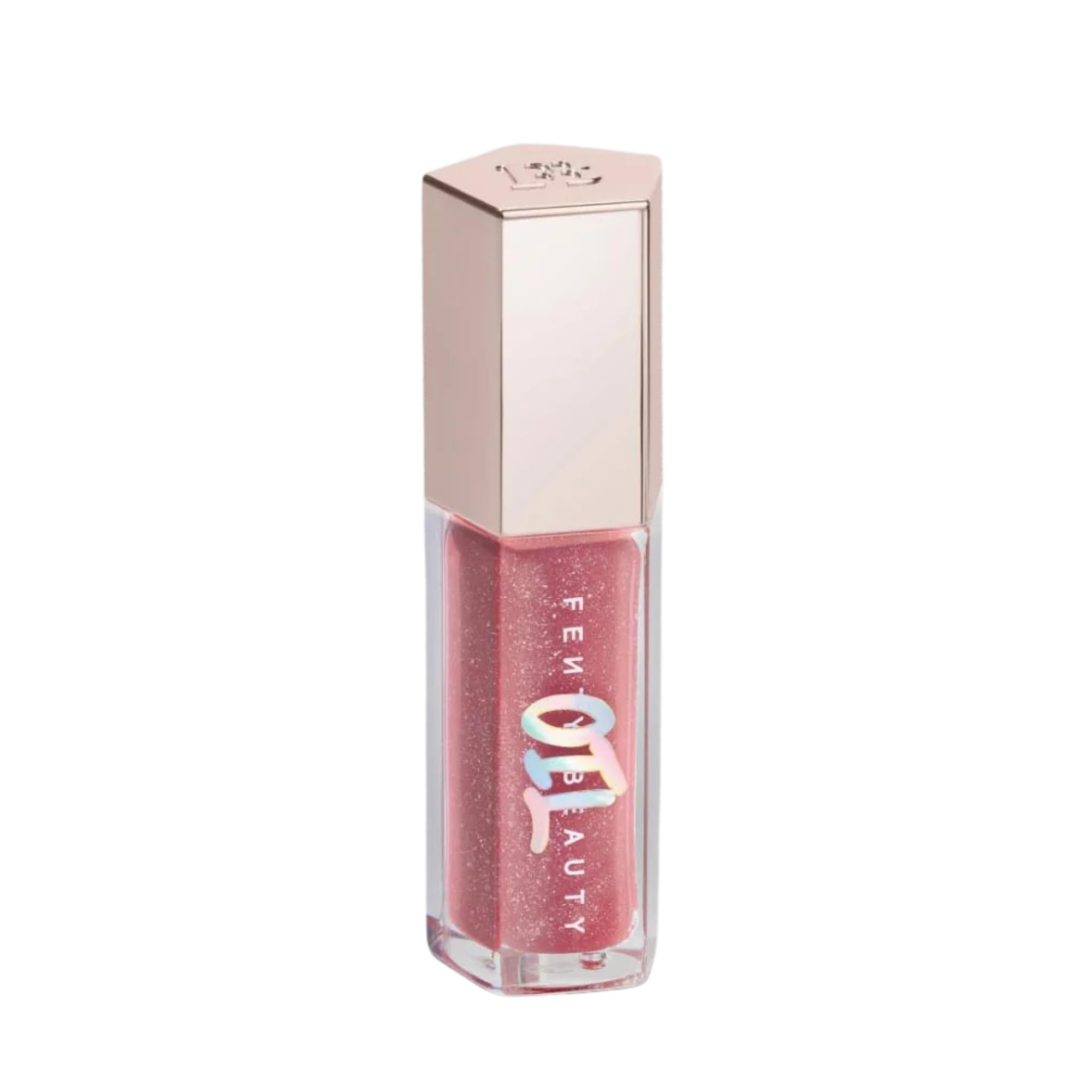 Fenty Beauty Gloss Bomb Lip Oil bottle glowing with rosy shimmer and hydration.