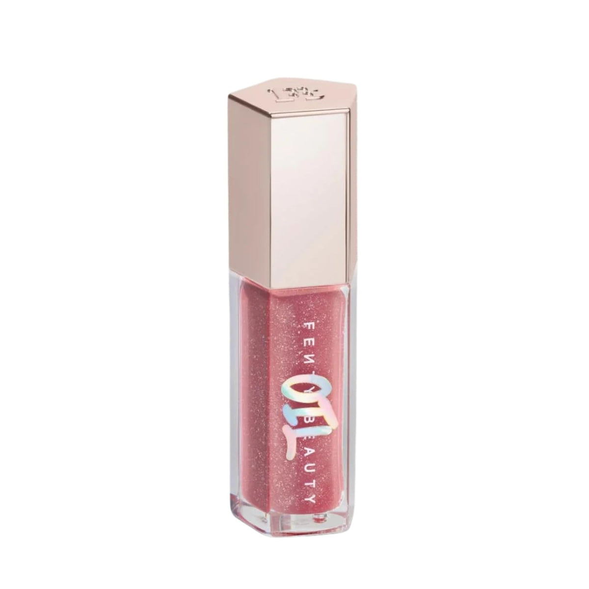 Fenty Beauty Gloss Bomb Lip Oil bottle glowing with rosy shimmer and hydration.