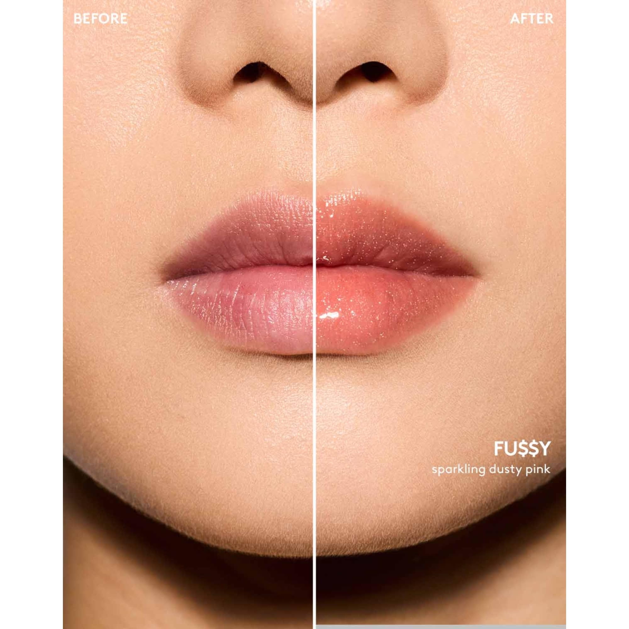 Fenty Beauty Gloss Bomb Lip Oil swatch reflects multidimensional shimmer.