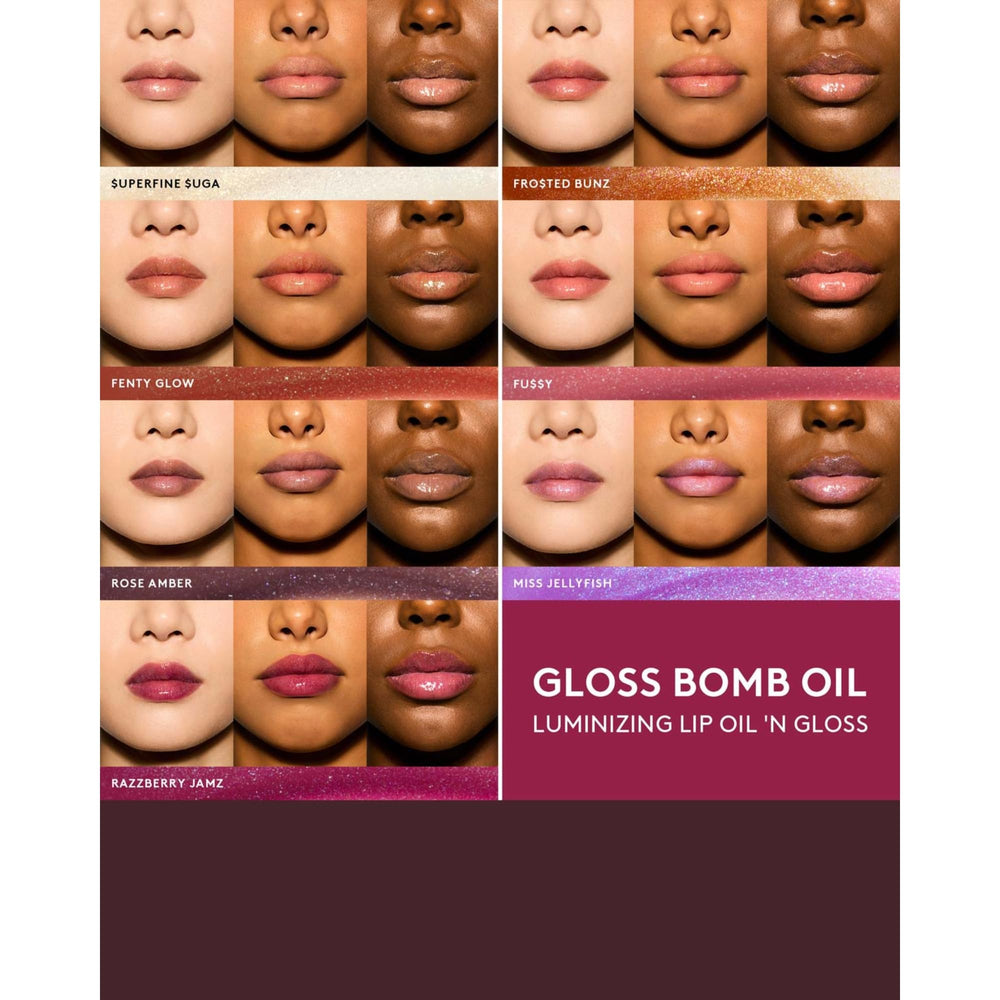 Fenty Beauty Gloss Bomb Lip Oil swirl captures multidimensional shimmer for sparkling lips.