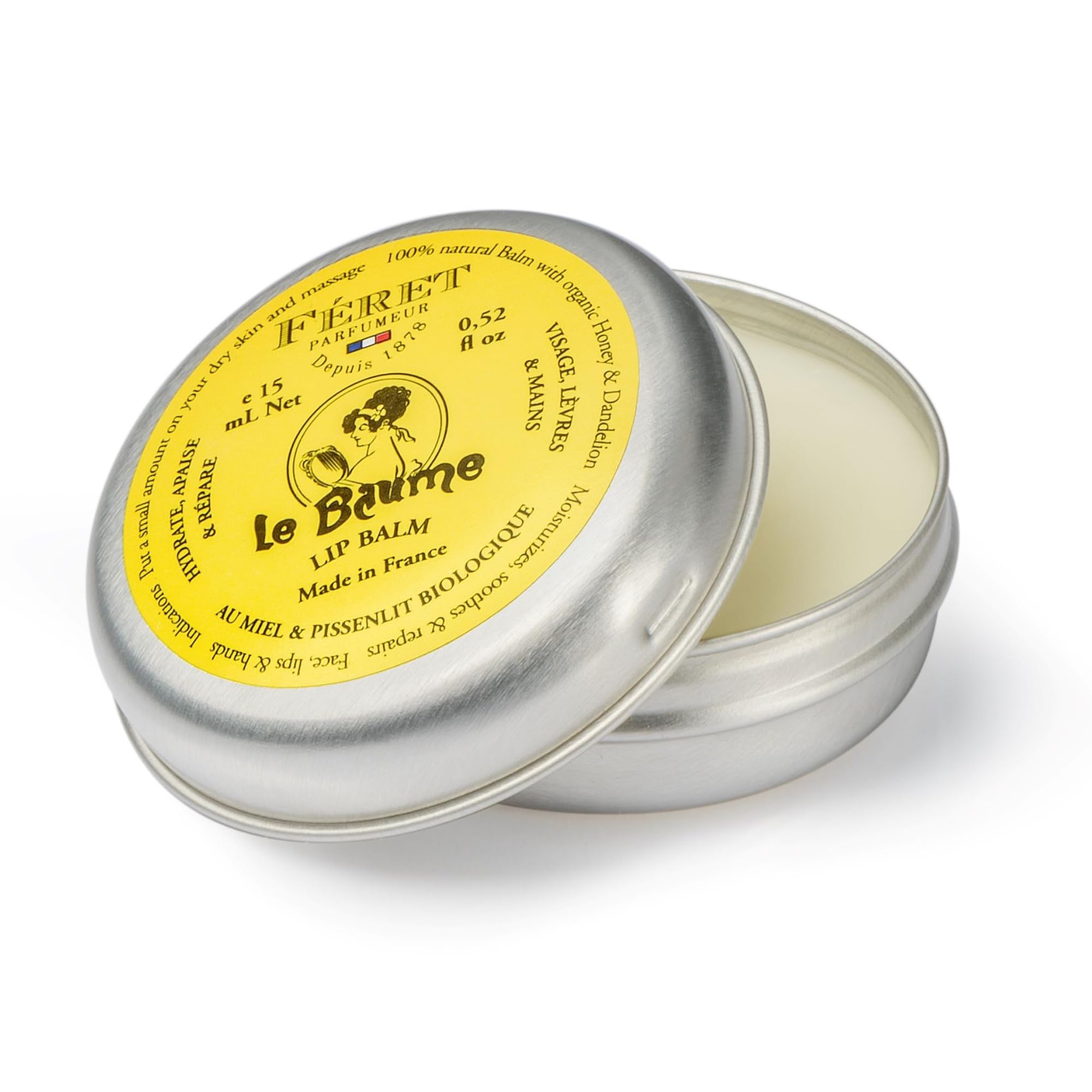 Feret Le Baume Rose Poudré tin close-up highlights rich, inviting texture for hydration.