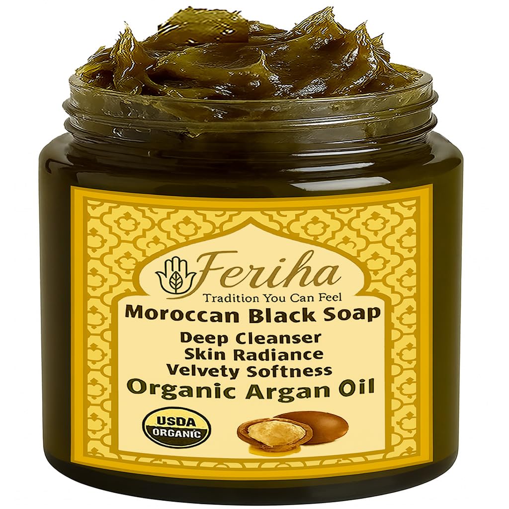 FERIHA Moroccan Black Soap bar close-up with argan oil for nourishing cleansing.